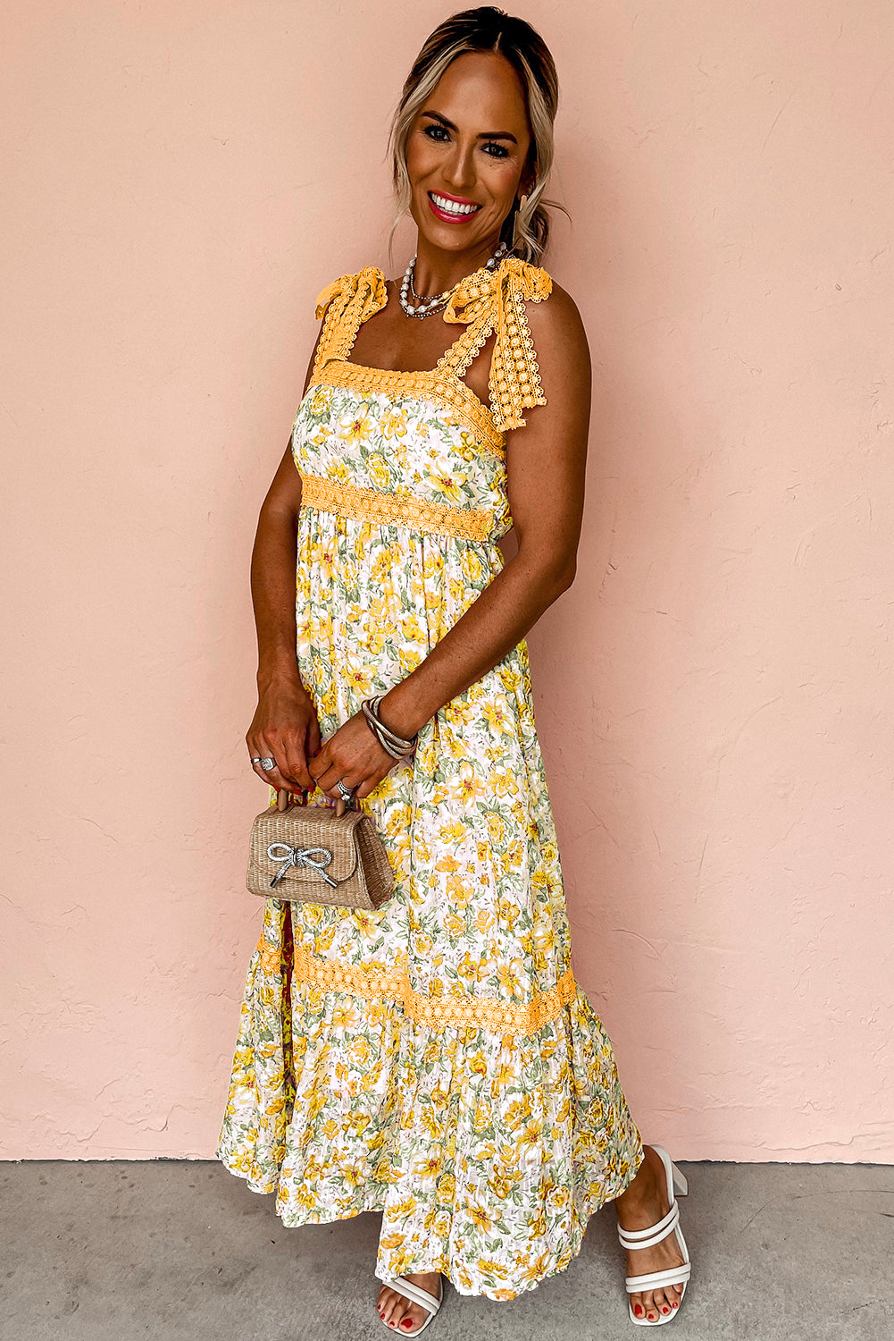 Pink Floral Lace Tied Strap Empire Waist Maxi Dress