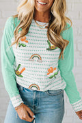 Green Stripe Contrast Raglan Sleeve Sequin St Patricks Element Top