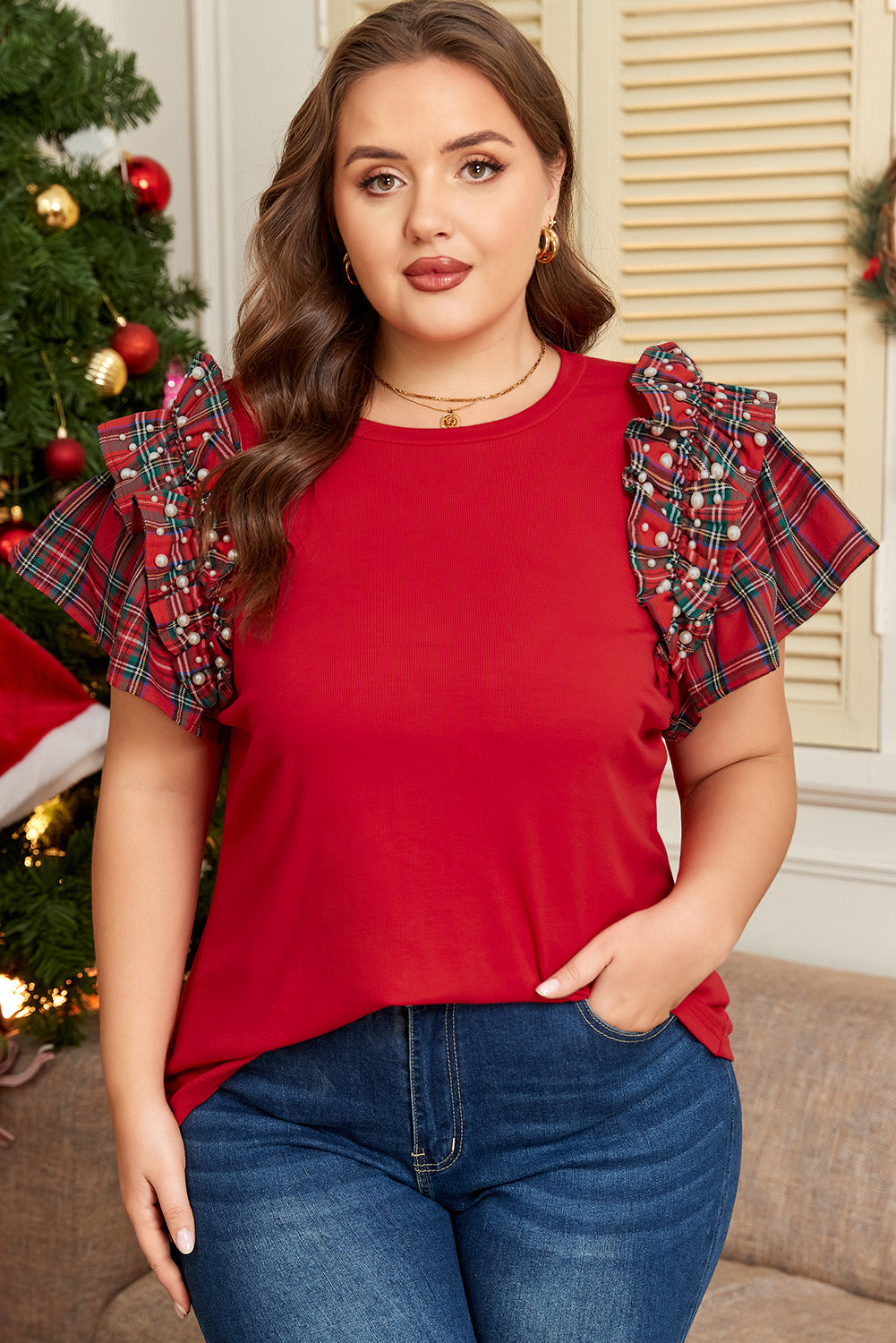 Red Festive Plaid Pearl Embellished Ruffle Short Sleeve Blouse