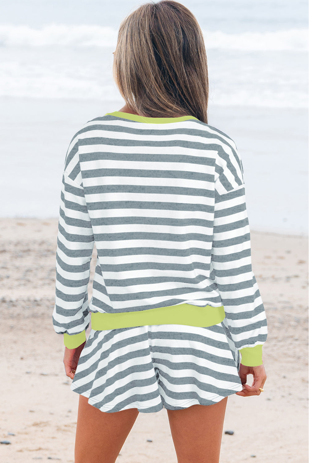 Black Stripe Color Block Edge Pullover and Shorts PLus Size Set