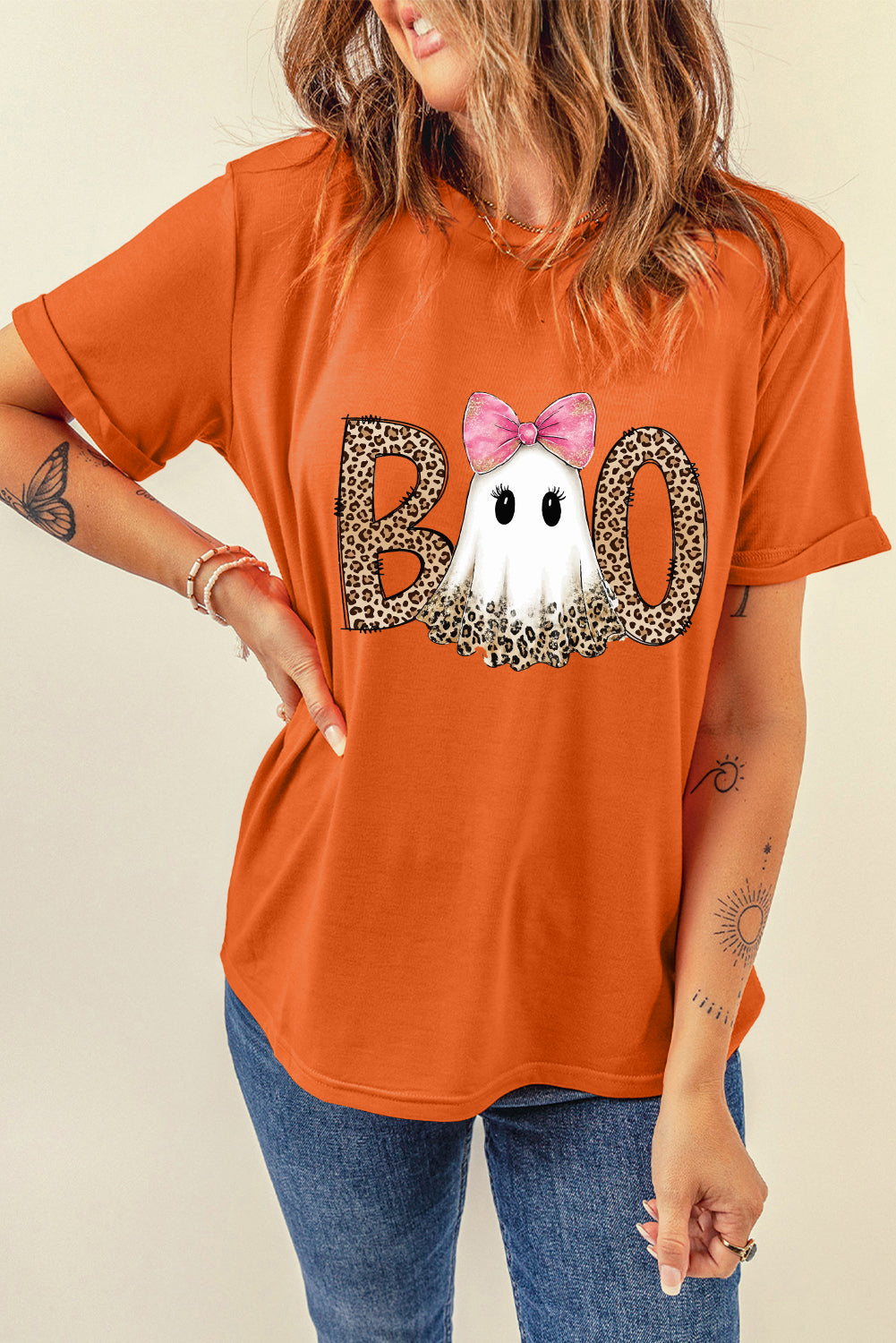 Orange BOO Leopard Letter Print Halloween Ghost T Shirt