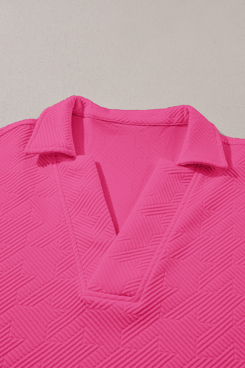 Rose Red Textured V Neck Collared Short Sleeve Top