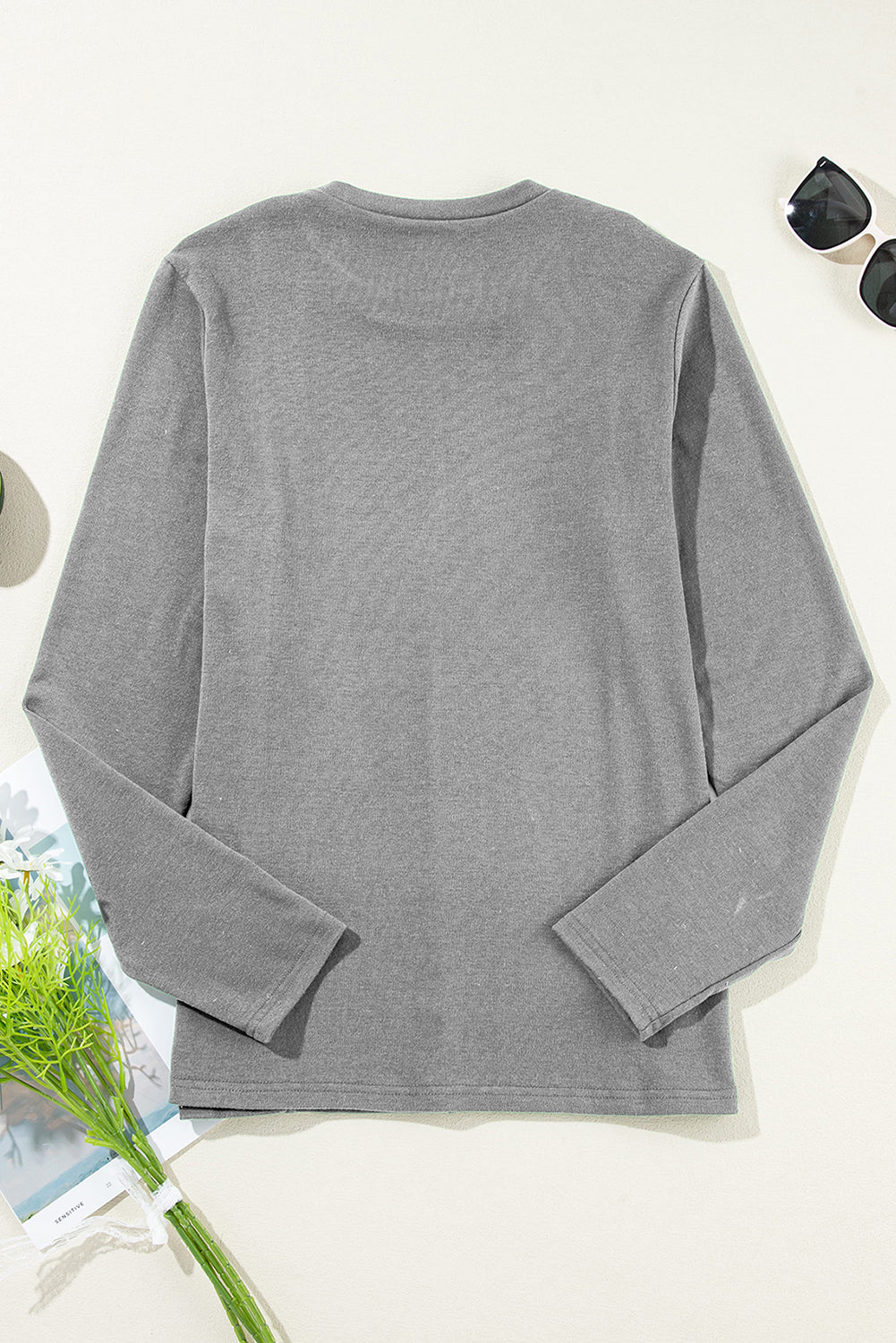 Chicory Coffee Solid Exposed Seam Crew Neck Long Sleeve Top