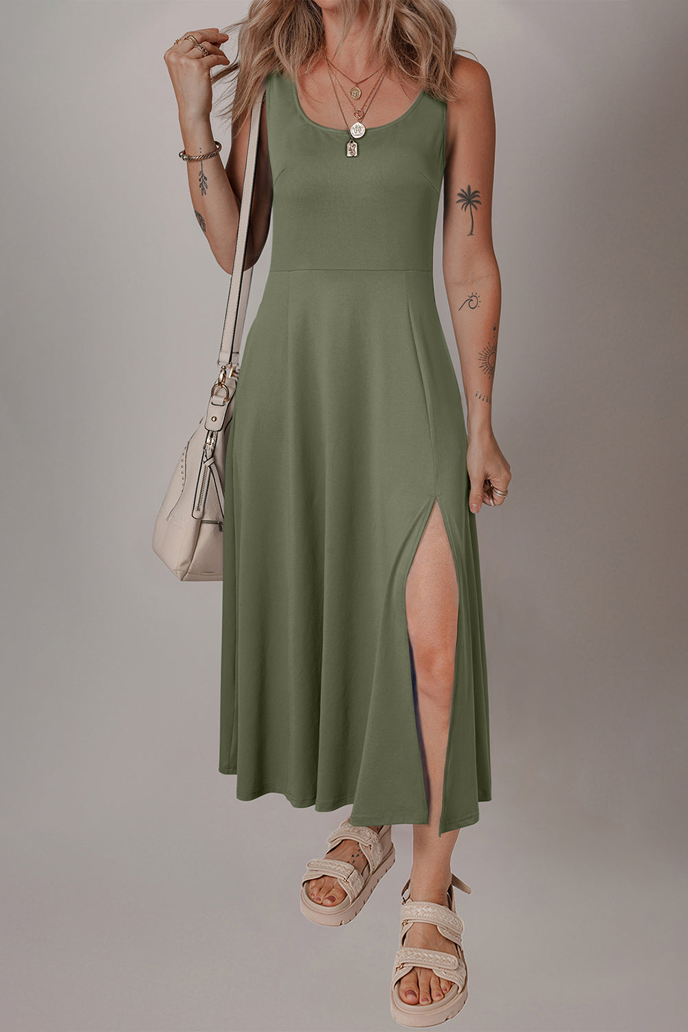 Black Sleeveless Scoop Neck Flared Split Midi Dress