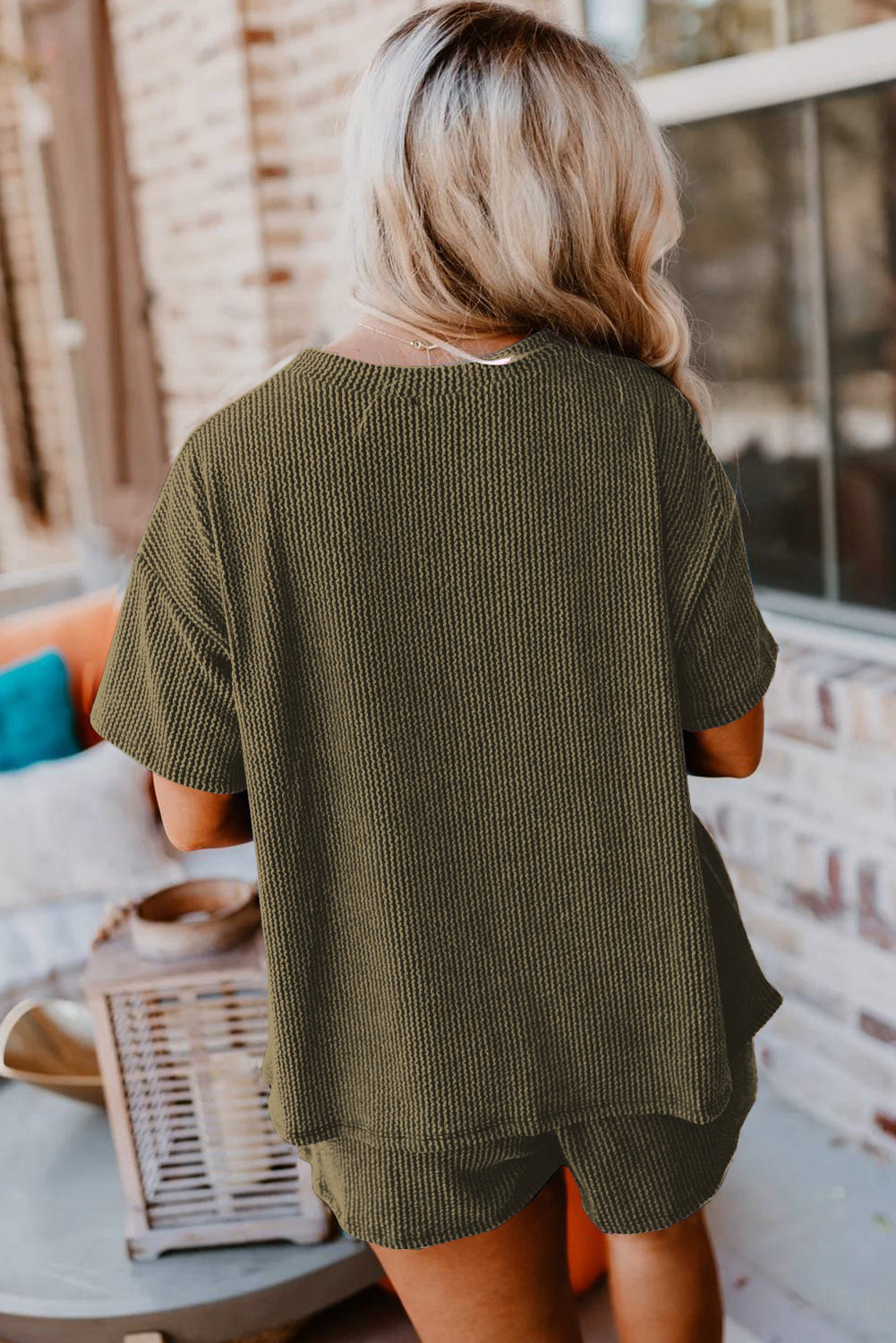 Chestnut Corded Knit Long Sleeve Top and High Waist Shorts Set