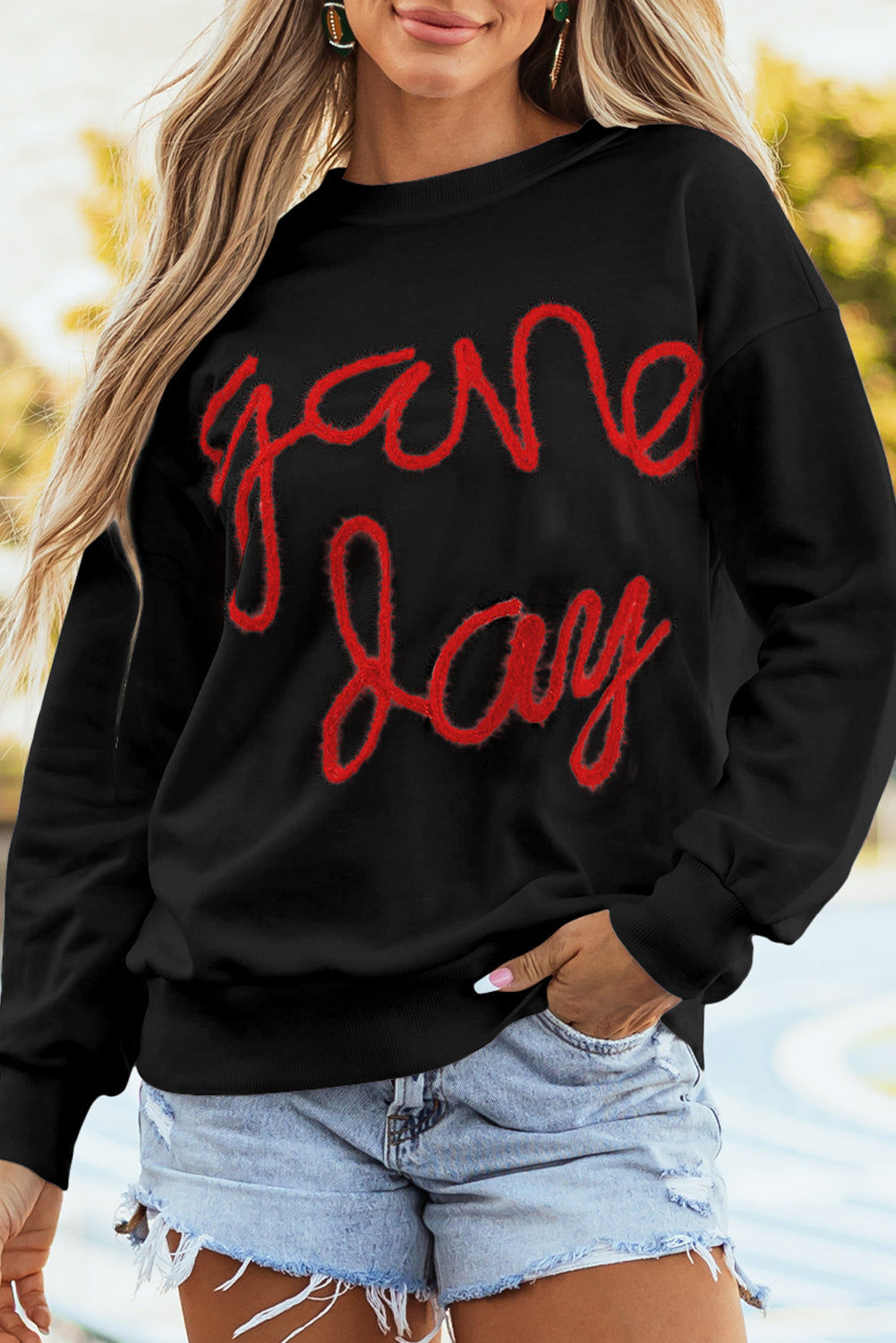 Russet Orange Tinsel Game Day Drop Shoulder Graphic Sweatshirt