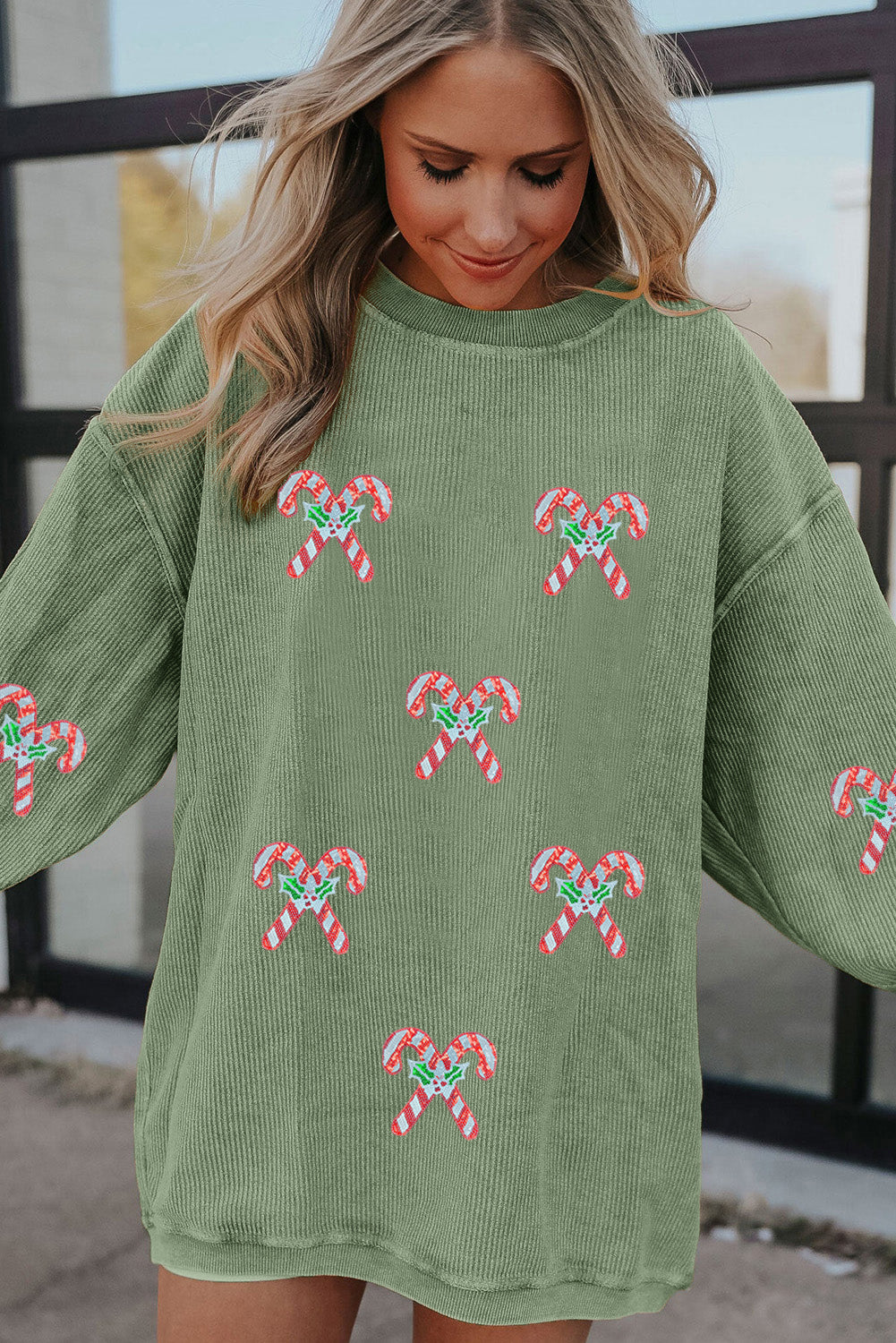 Grass Green Candy Cane Shimmer Patched Corded Baggy Sweatshirt