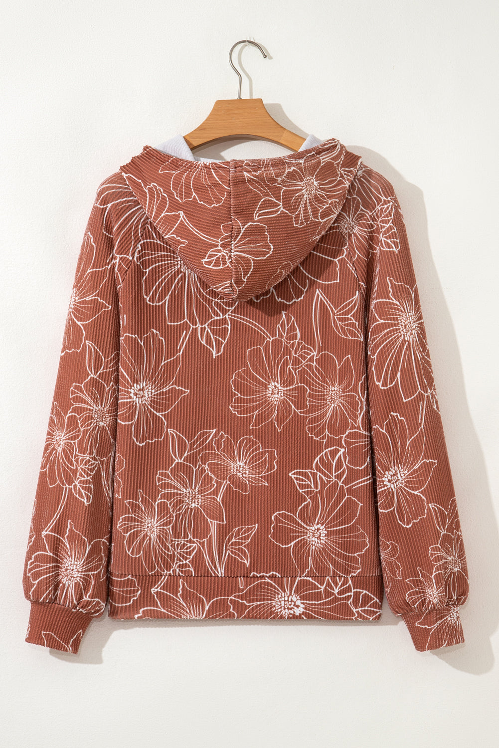 Brown Floral Twisted Rib Drawstring Kangaroo Pocket Hoodie