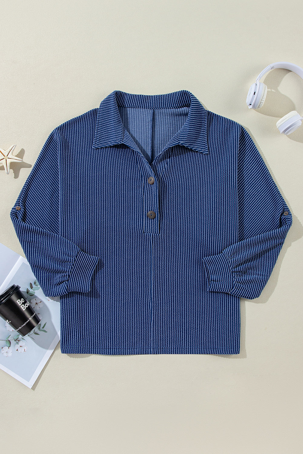Navy Blue Oversized Twist Ribbed Collared Henley Top with Roll up Sleeve