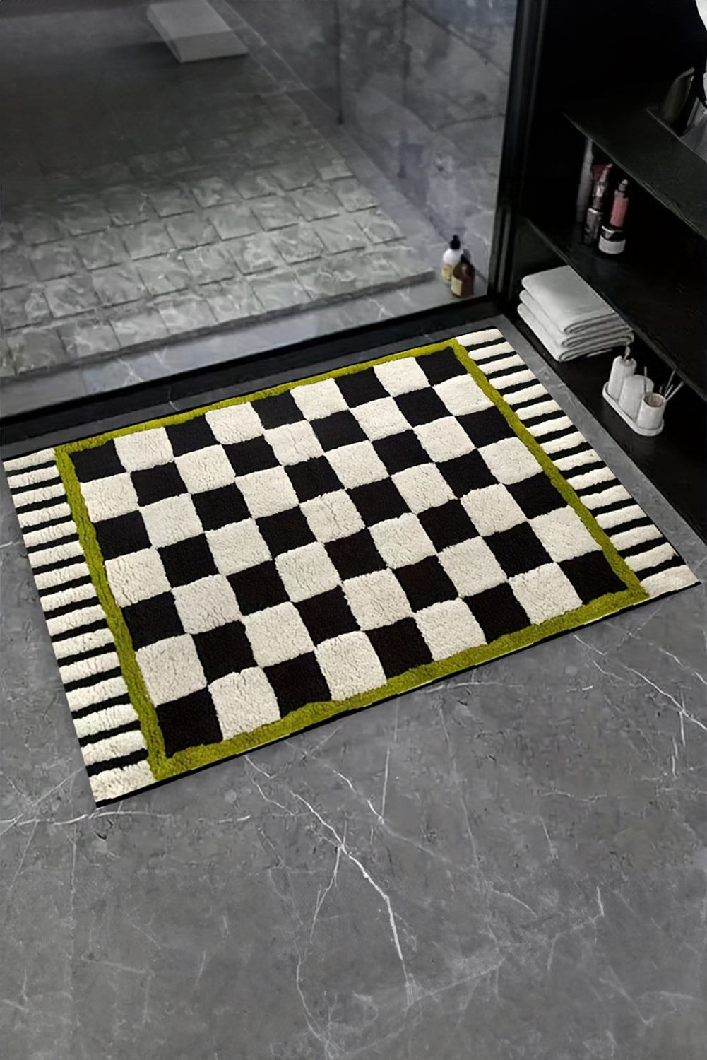 Spinach Green Square Trim Plush Checkered Striped Bath Rug