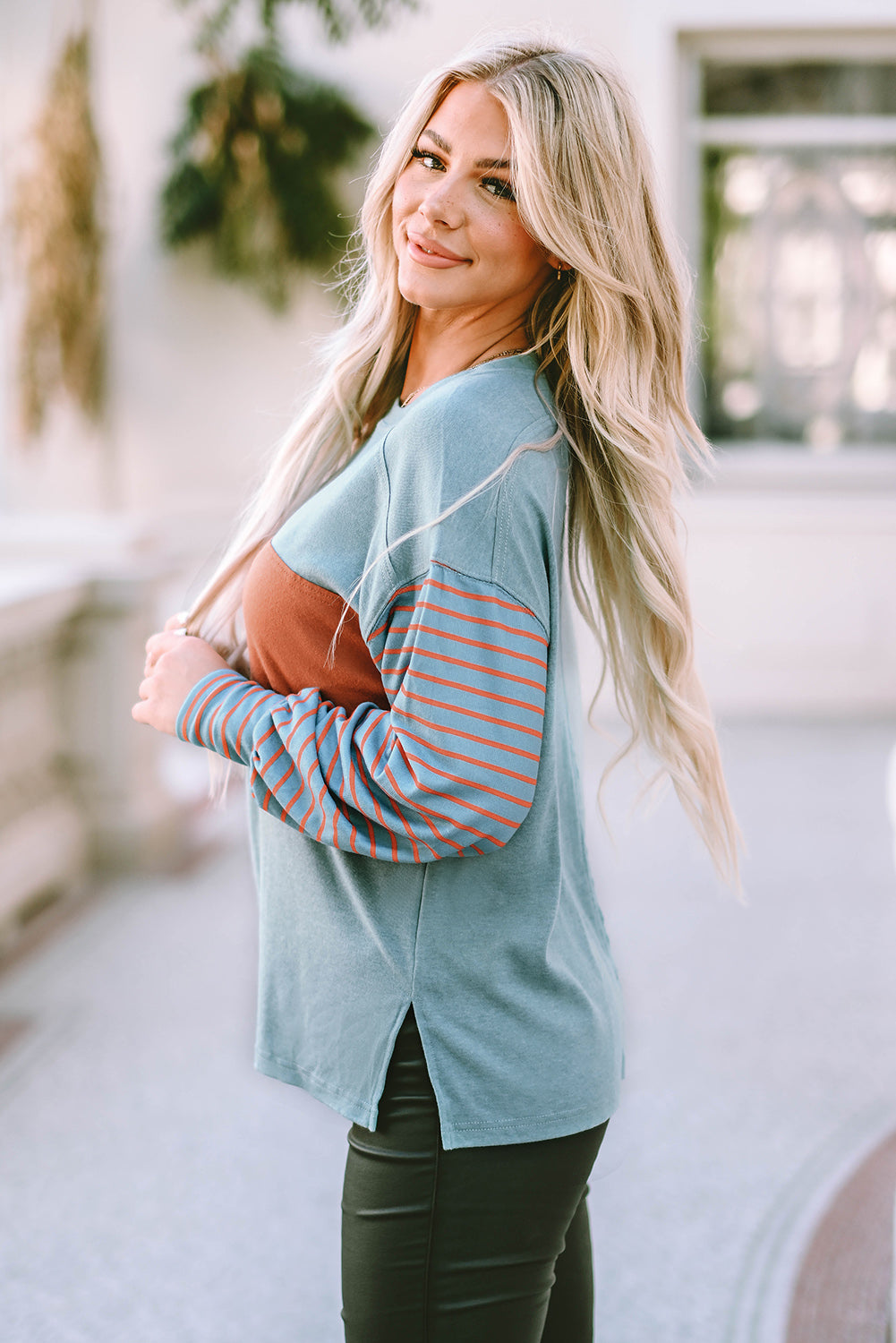 Light French Beige Colorblock Striped Bishop Sleeve Top