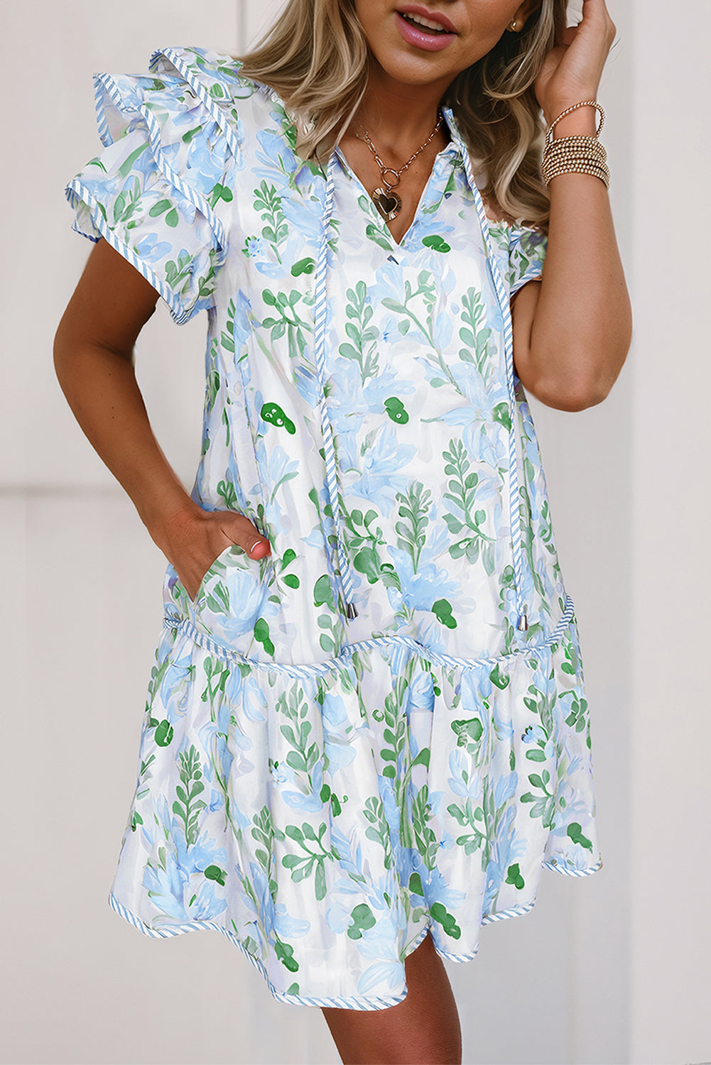 Pink Plus Size Floral Print Striped Detail Short Summer Dress