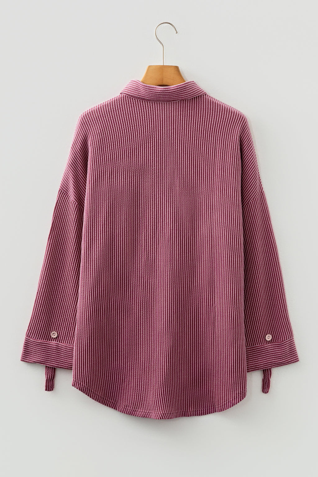 Fiery Red Pink Roll Tab Sleeve Ribbed Cording Shacket