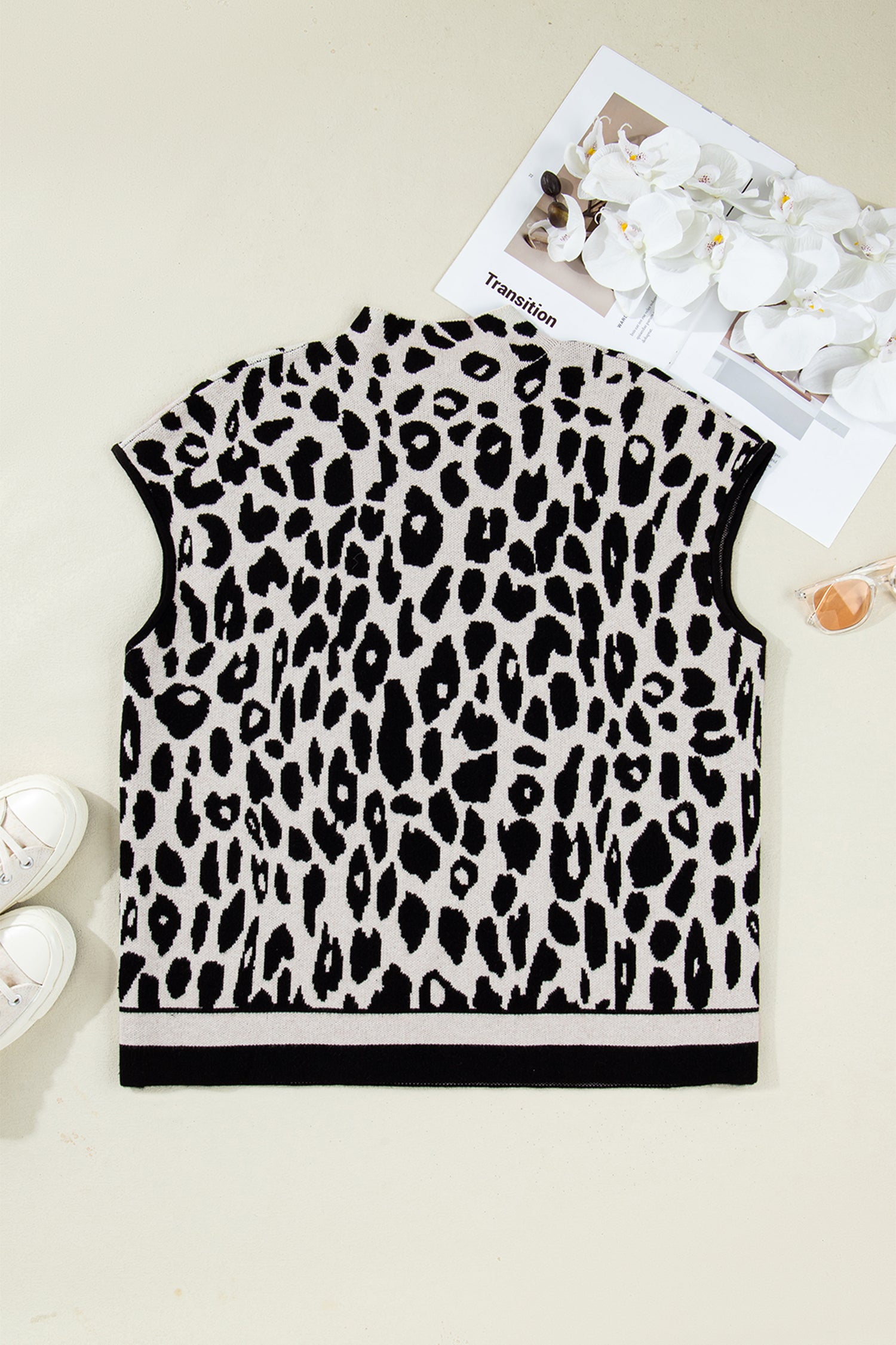Black Leopard Print High Neck Short Sleeve Sweater