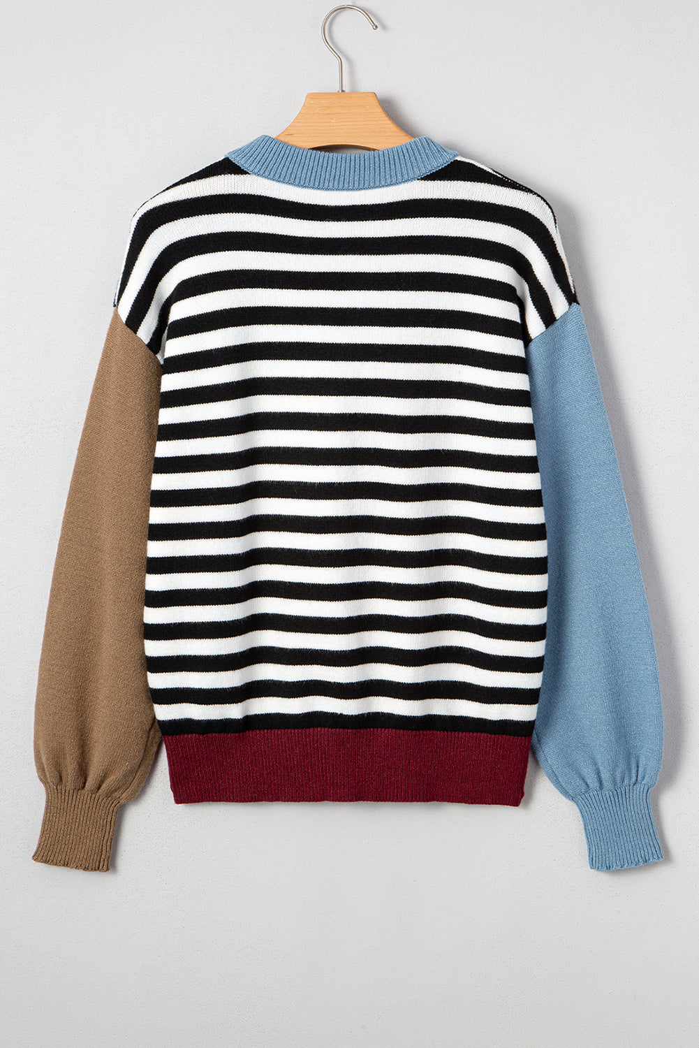 Gray Striped Panels Colorblock Sleeve Chic Sweater