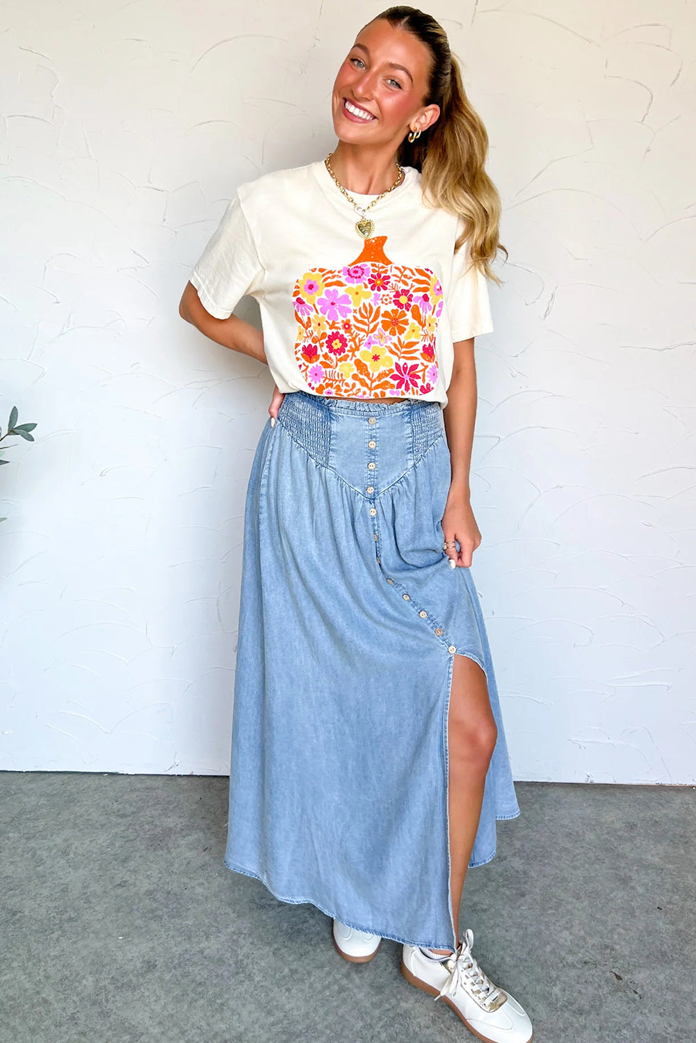 White Floral Pumpkin Cracking Print Thanksgiving Fashion T Shirt