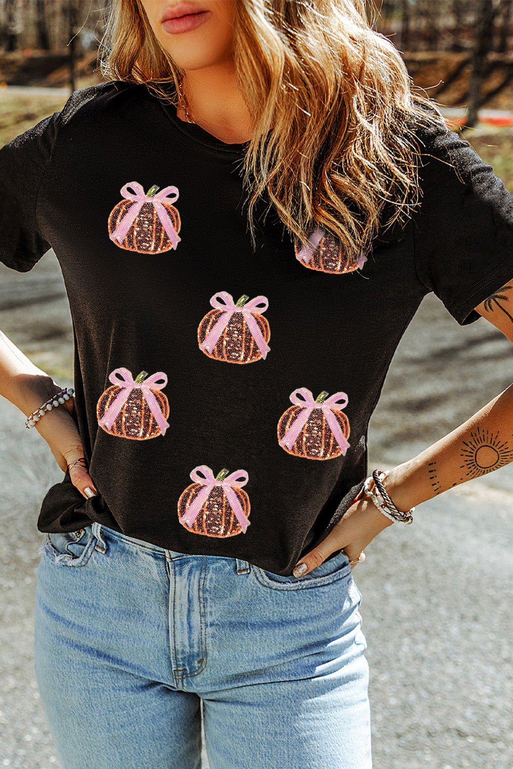 White Colorful Pumpkin Sequin Patched Drop Shoulder Sweatshirt