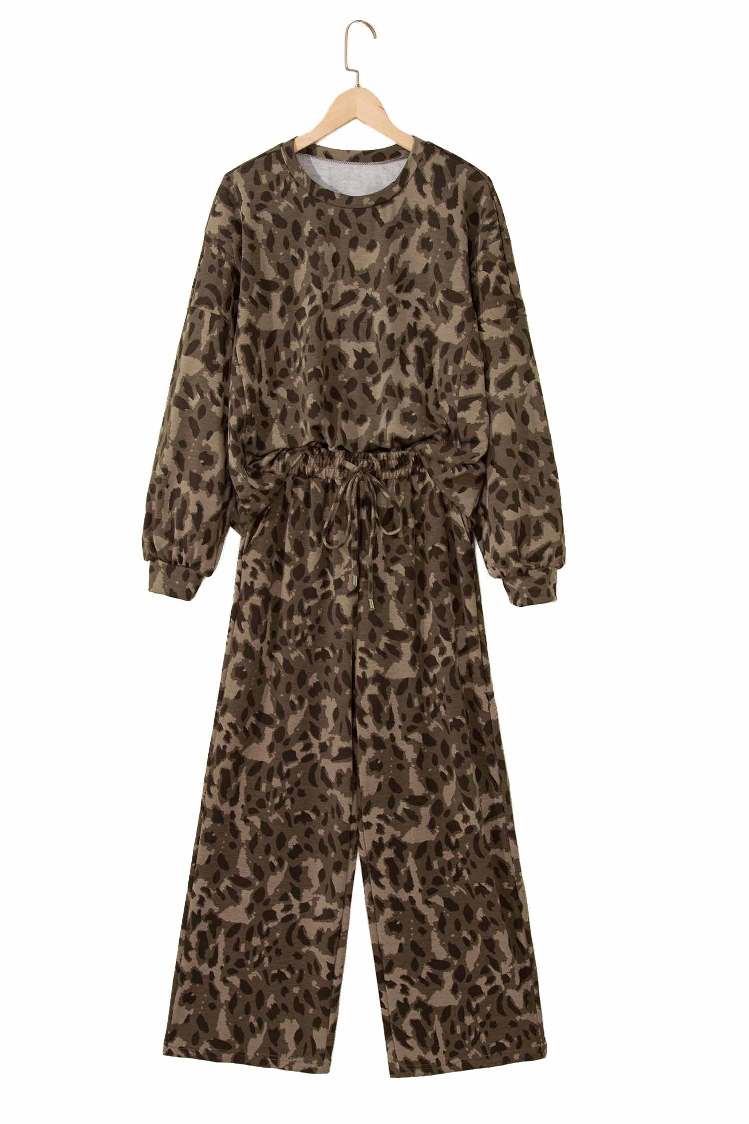 Brown Leopard Loose Tee Drawstring Waist Barrel Pants Set