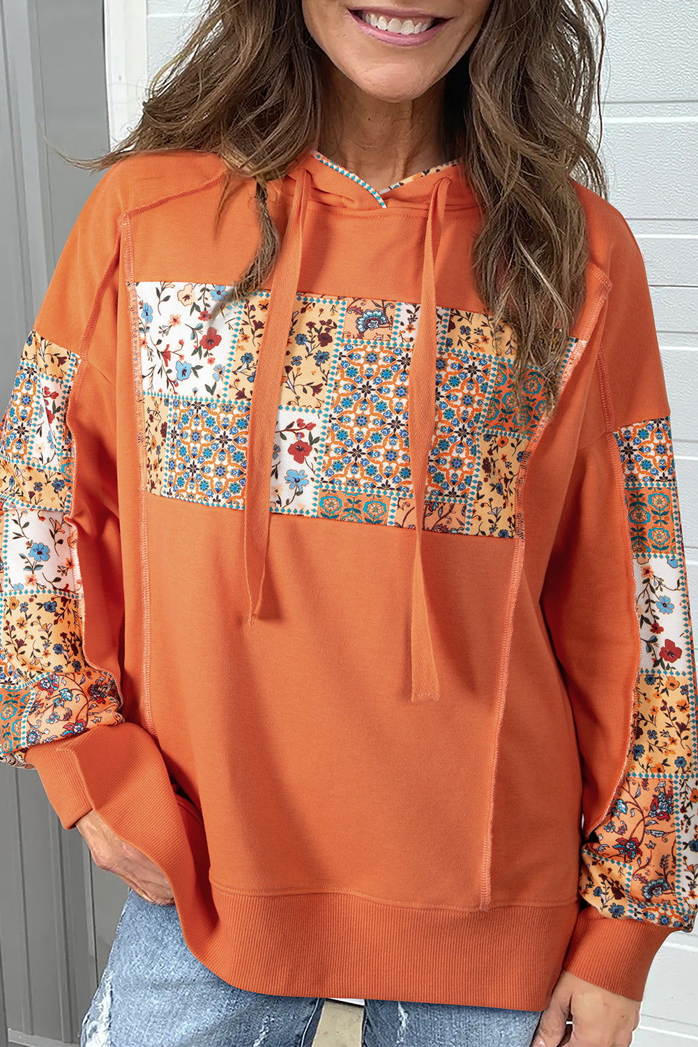 Delicacy Mix Floral Patchwork Side Slit Drawstring Hoodie