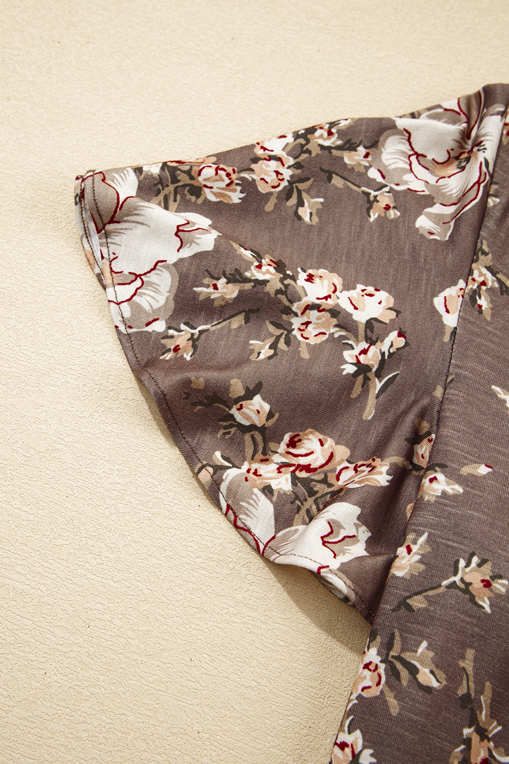 Khaki Retro Floral Print Tassel Tie Split Neck Short Sleeve Blouse