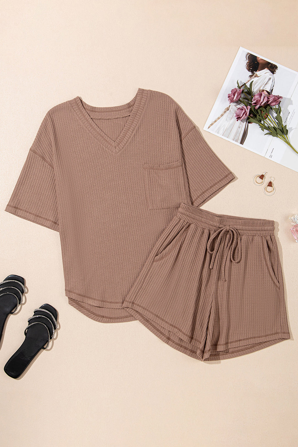 Rose Red Solid Color Waffled V Neck Loose Tee Drawstring Shorts Set