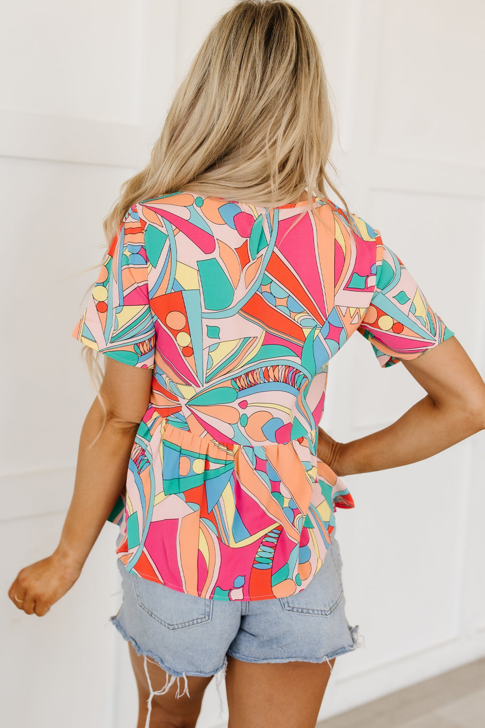 Multicolor Abstract Geometry Print Half Puff Sleeve Loose Shirt