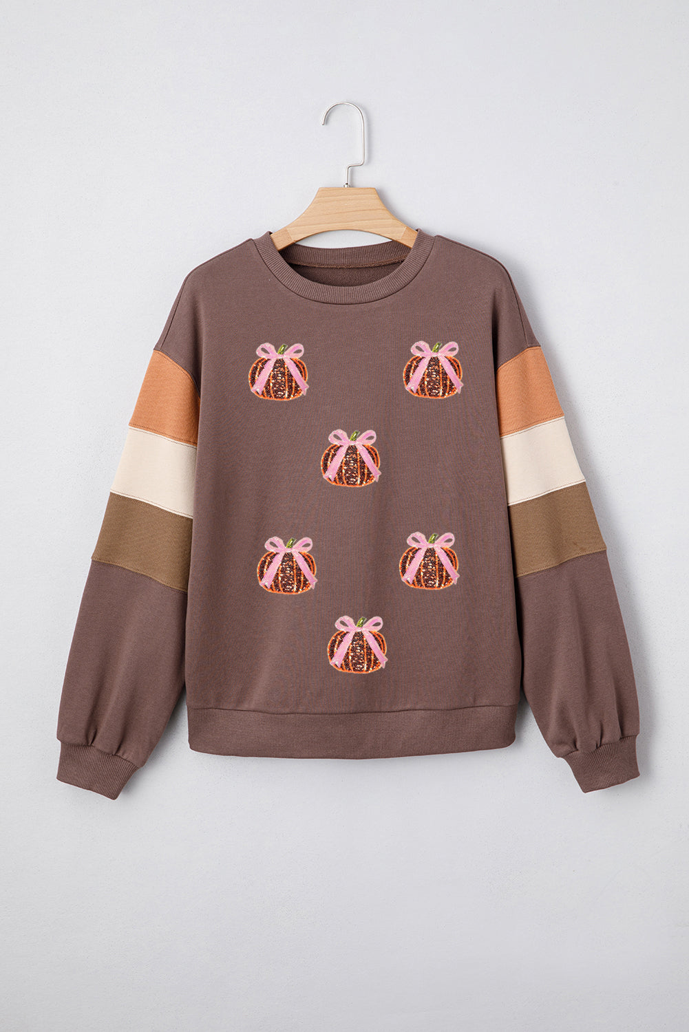 Dark Khaki Color Block Patchwork Sequin Bow Pumpkin Graphic Sweatshirt