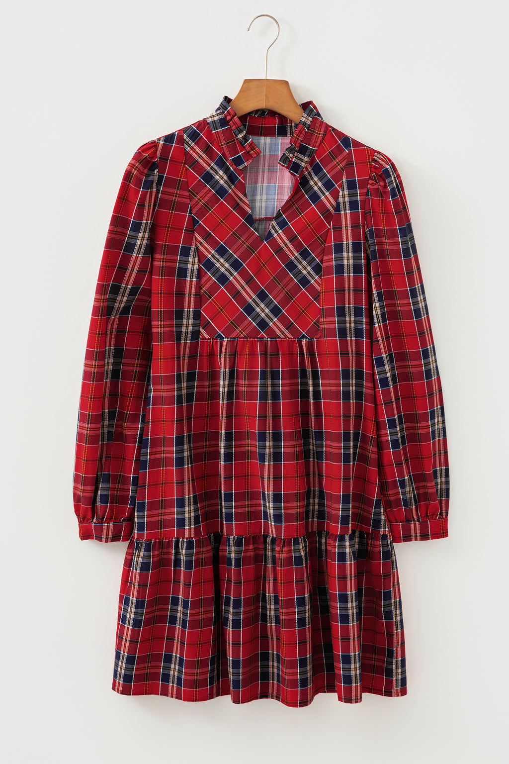Green Plus Size Plaid Long Sleeve Notched Neck Shift Mini Dress
