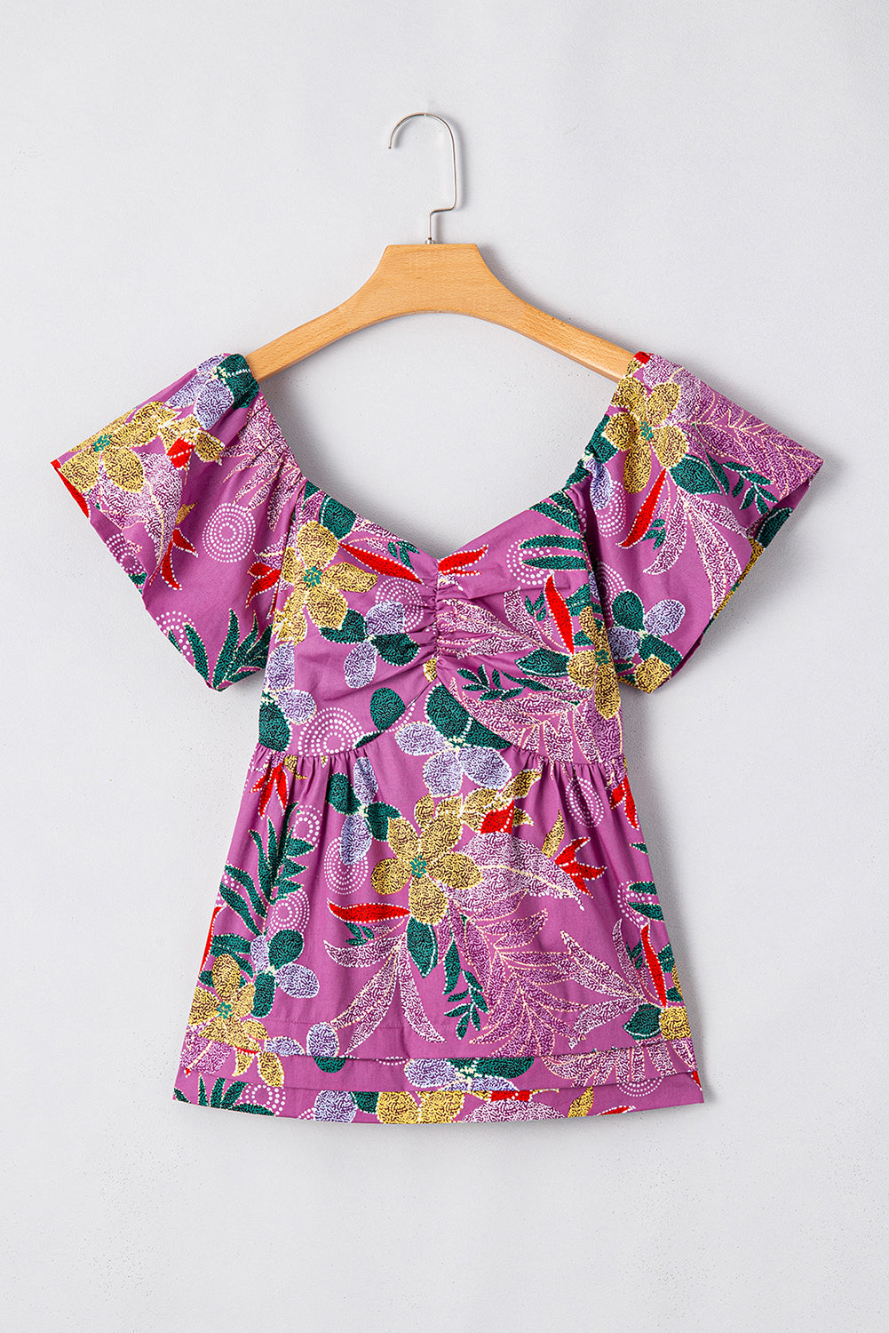 Purple Floral Print Sweetheart Neck Flutter Sleeve Blouse
