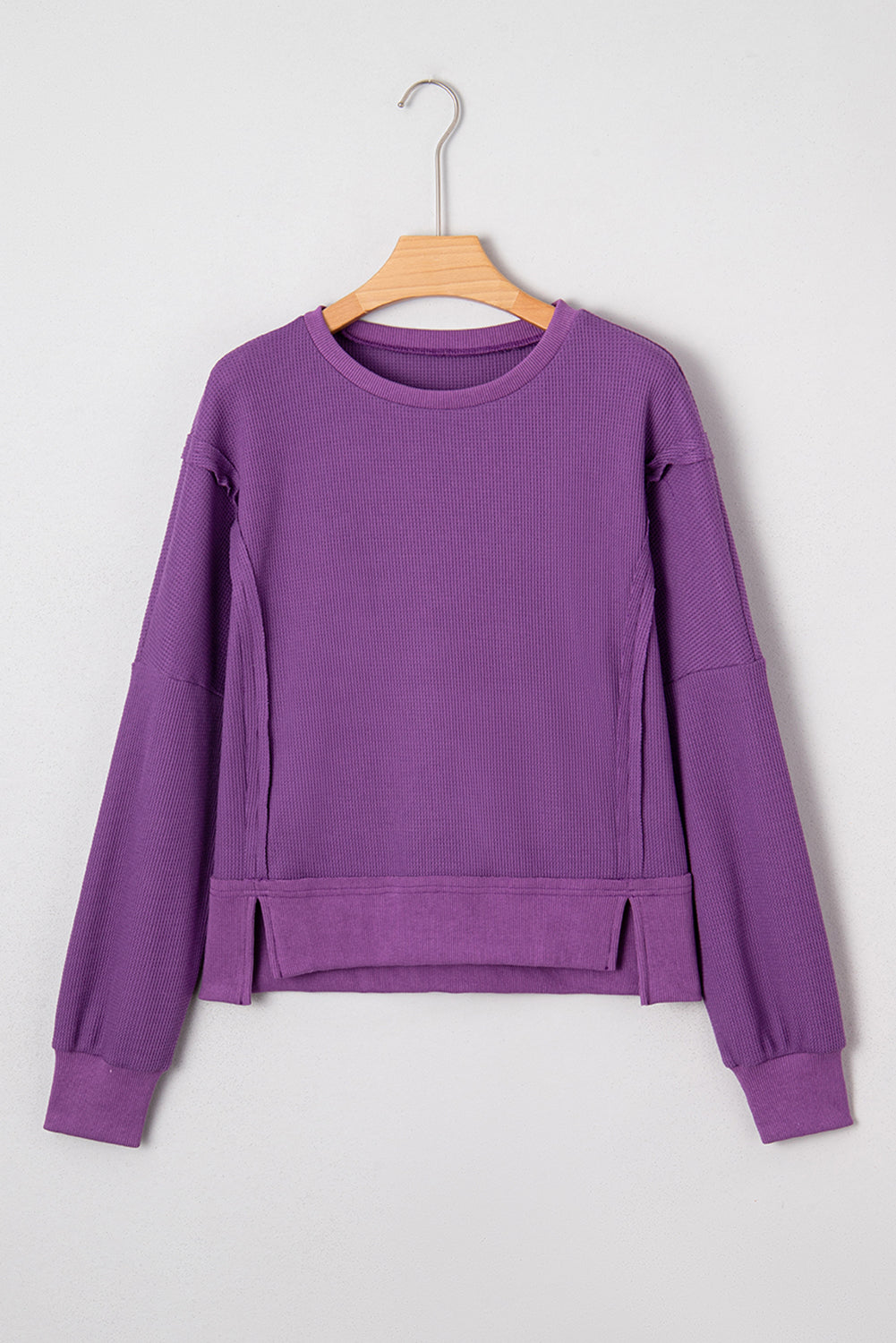 Evergreen Solid Color Raw Seam Patchwork Textured Drop Shoulder Sweatshirt
