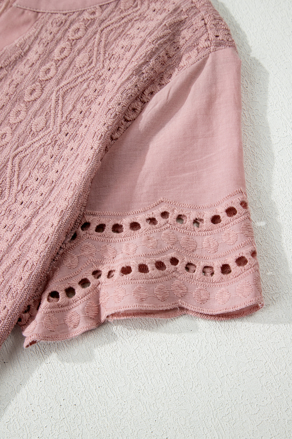 Fushia Textured Embroidered Half Buttons Short Sleeve Blouse