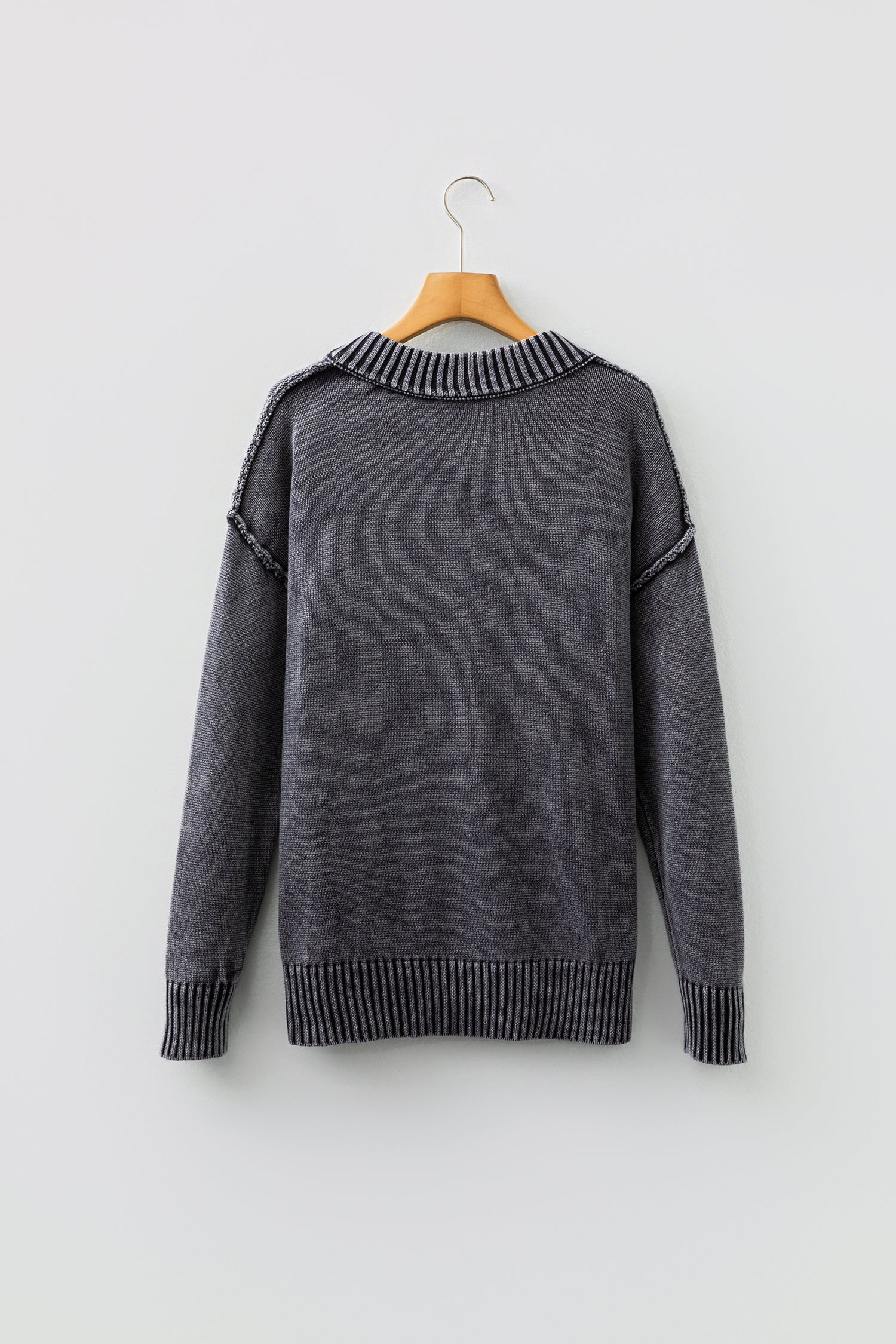 Four Leaf Clover Mineral Wash V Neck Knit Exposed Seam Drop Shoulder Loose Sweater