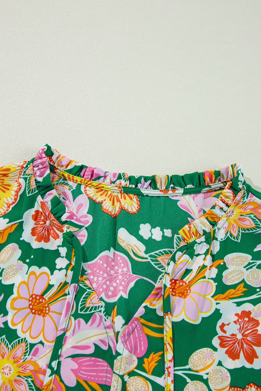 Green Floral Puff Sleeve V Neck Peplum Blouse