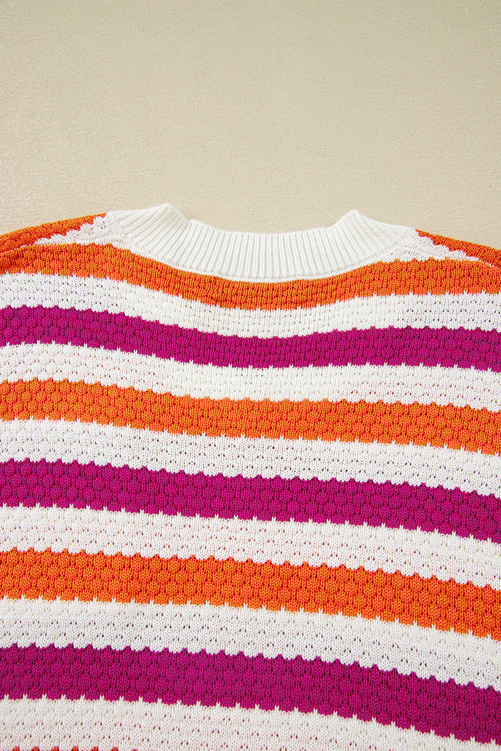 Rose Stripe V Neck Short Sleeve Sweater with Side Slits