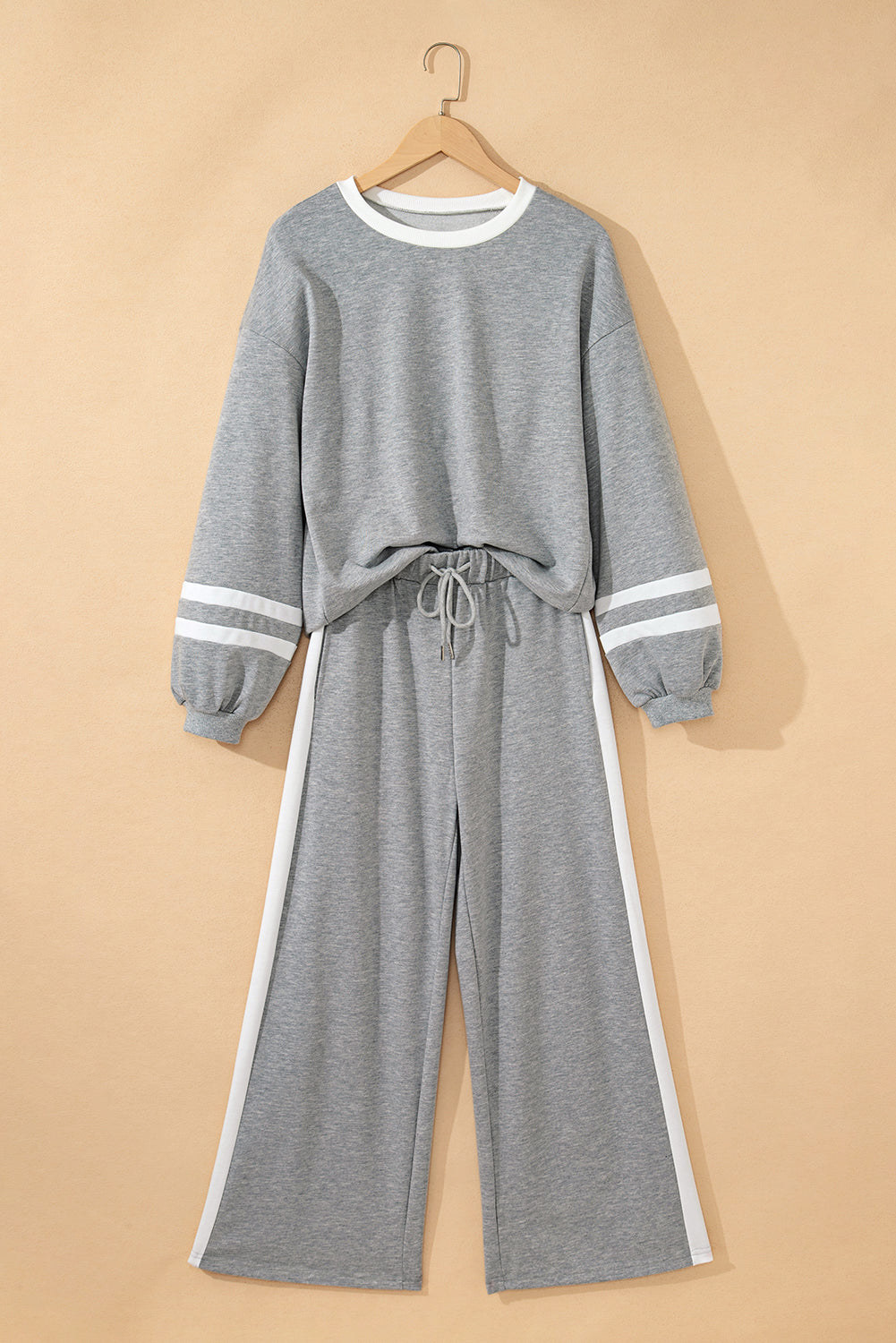 Gray Varsity Stripe Patchwork Puff Sleeve Pullover Drawstring Wide Leg Pant Set