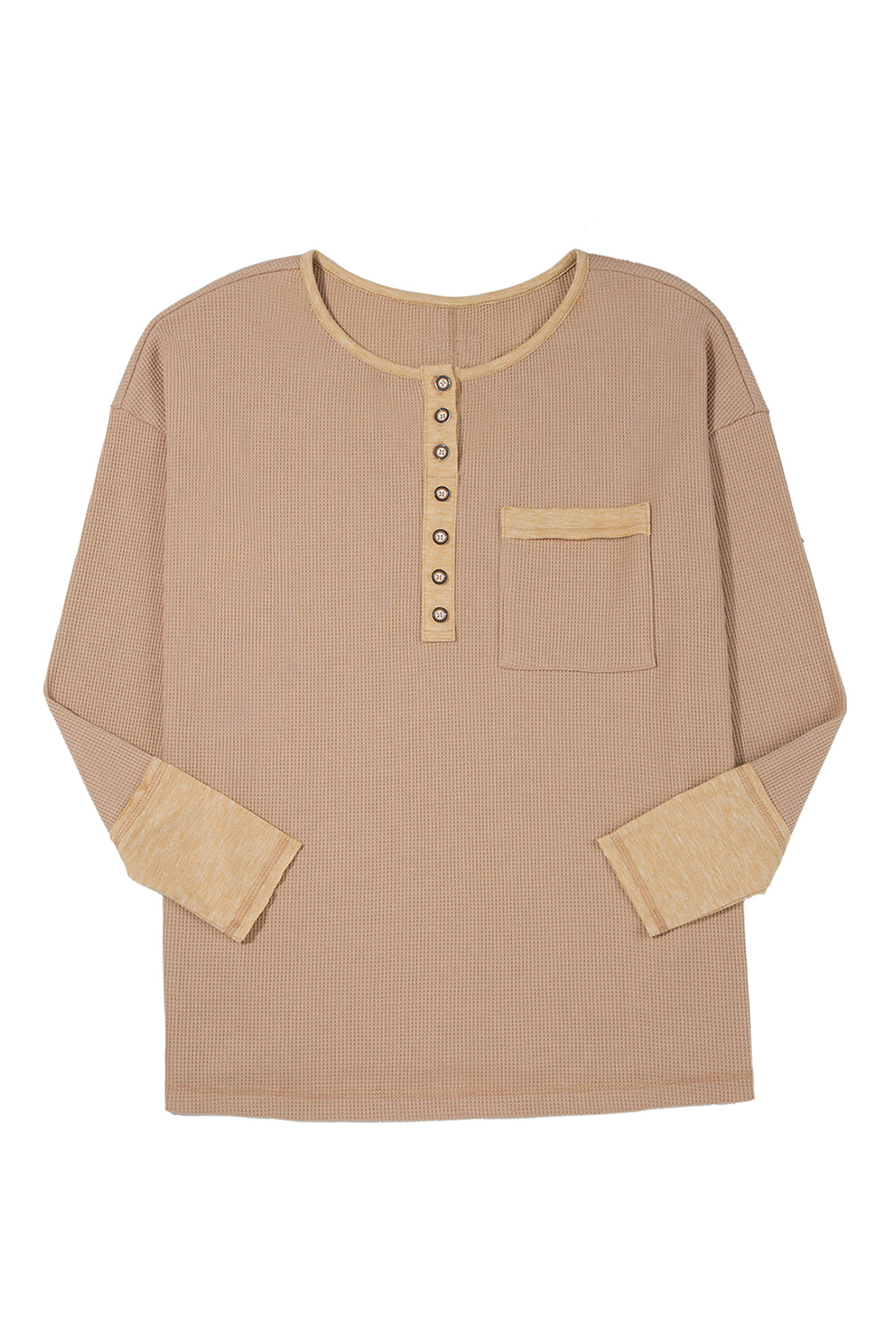Vineyard Green Color Block Waffle Textured Tunic Henley Top with Slits