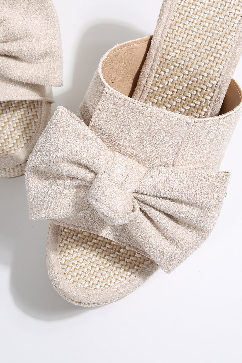 White Bow Knot Decor Faux Suede Woven Wedge Slippers