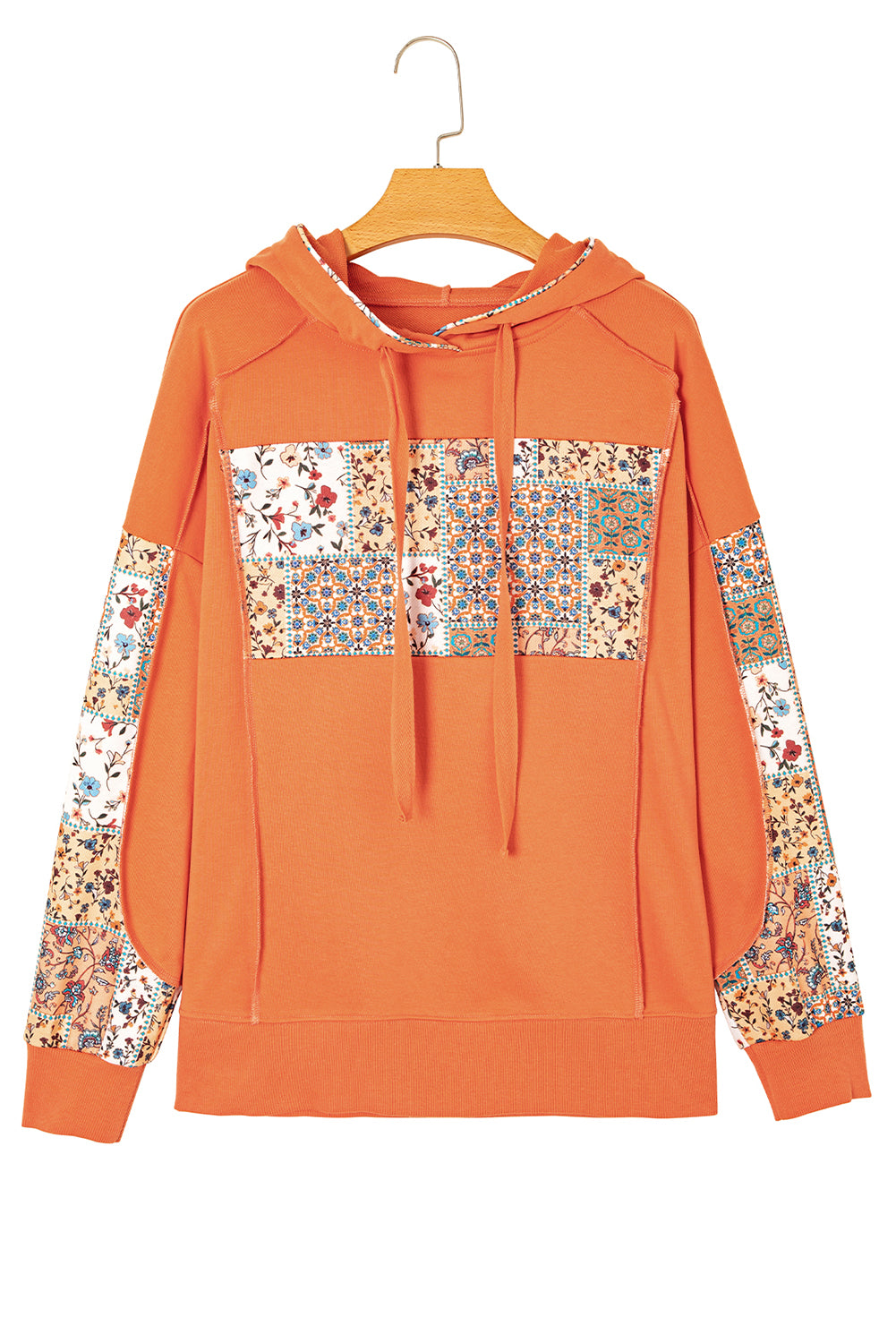 Delicacy Mix Floral Patchwork Side Slit Drawstring Hoodie