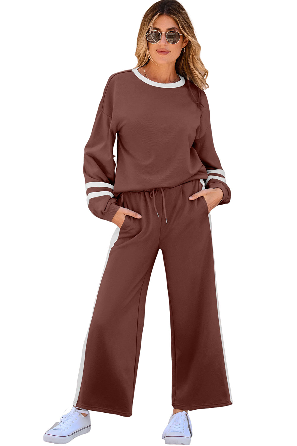 Gray Varsity Stripe Patchwork Puff Sleeve Pullover Drawstring Wide Leg Pant Set