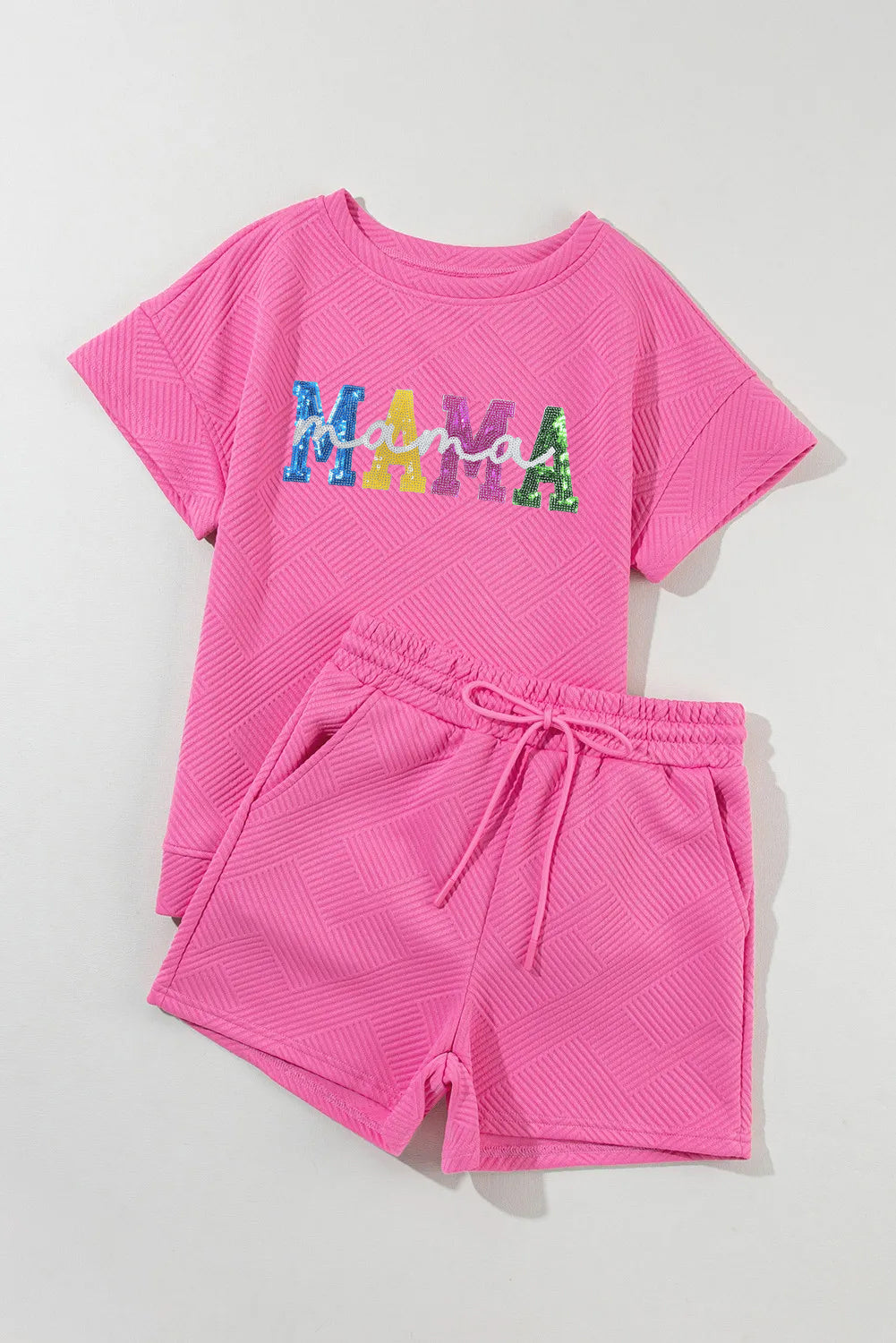 Strawberry Pink Sequined MAMA Letter Graphic Textured Short 2pcs Set