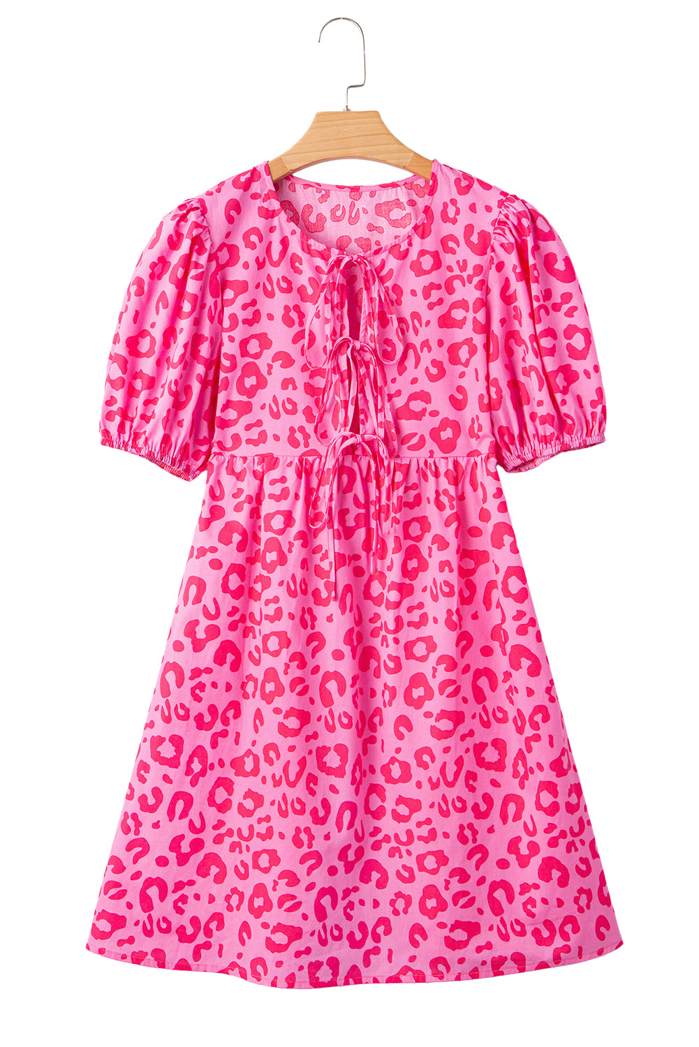 Bright Pink Solid Color Puff Sleeve Tie Front High Waist Mini Dress