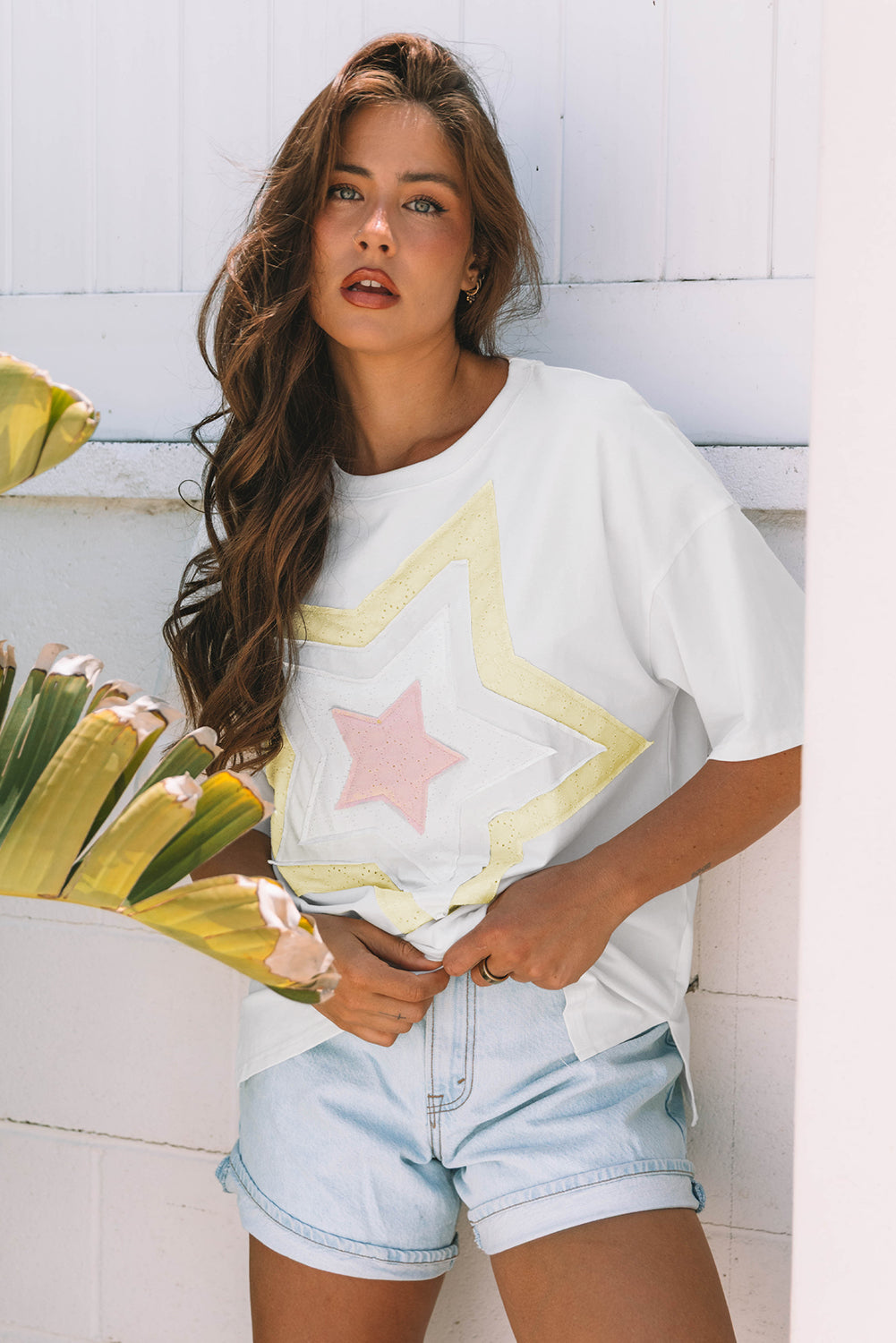 Light Pink Eyelet Lace Star Applique Plus Size T Shirt