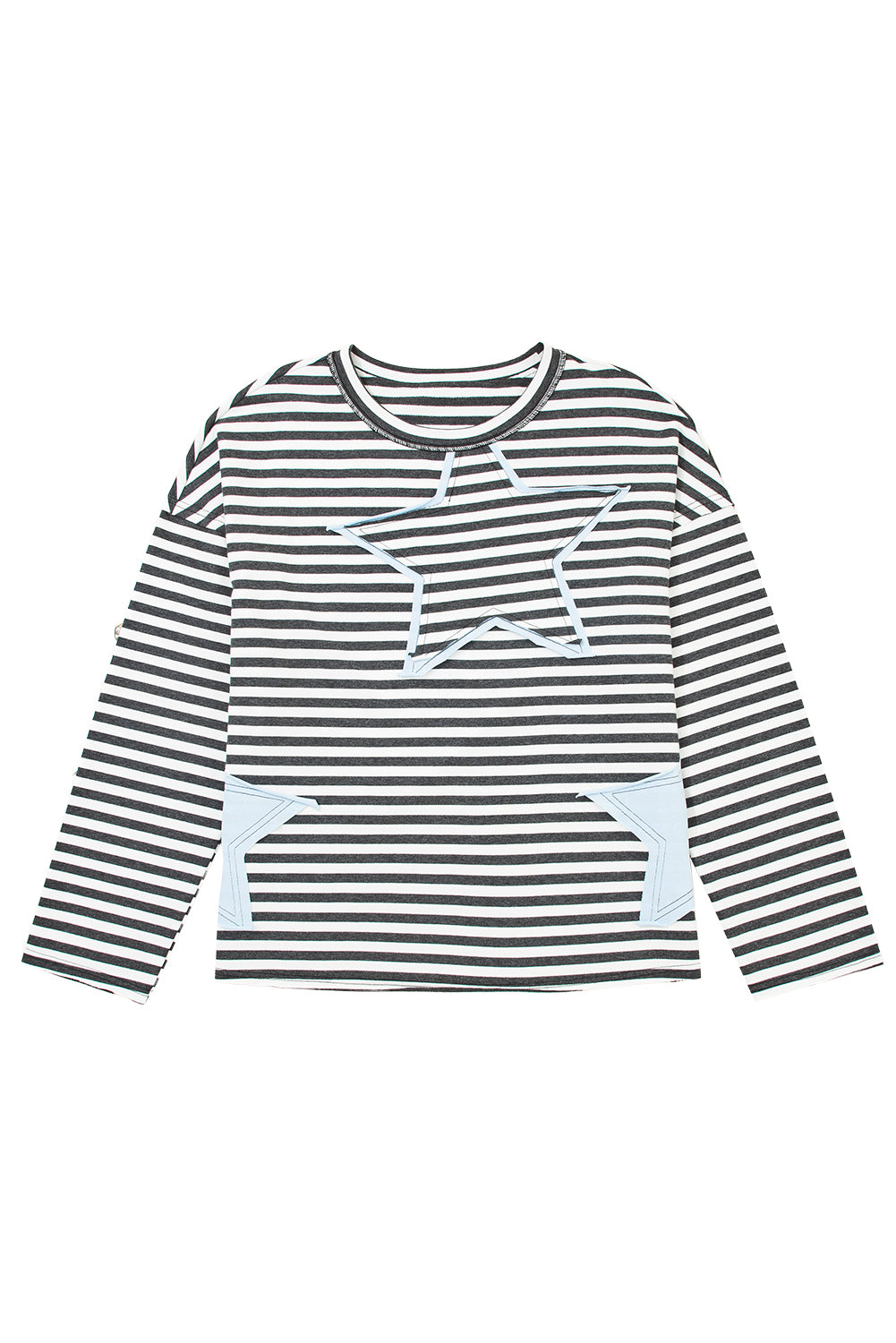 Gray Stripe Contrast Star Stitched Plus Size Long Sleeve Top