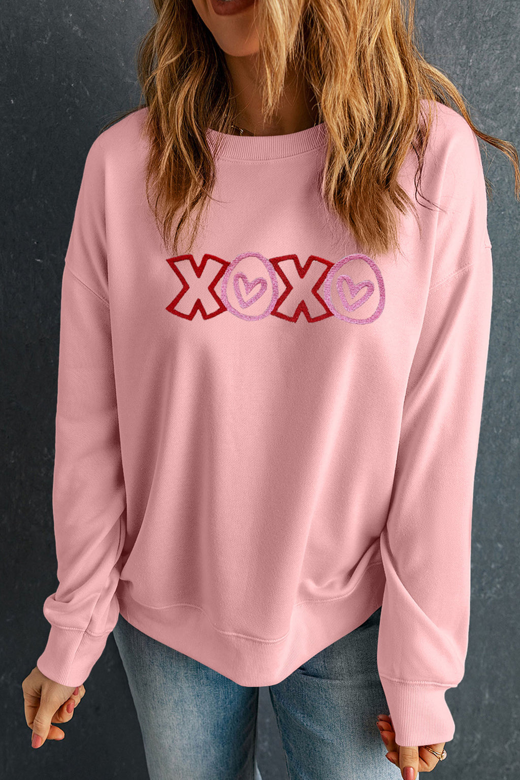 Pink XOXO Playful Embroidered Valentines Day Sweatshirt