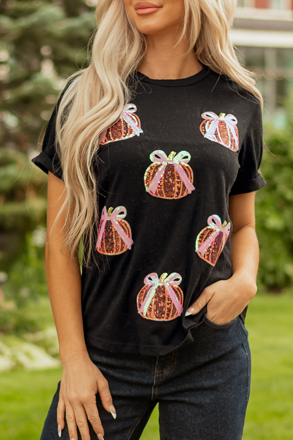 White Colorful Pumpkin Sequin Patched Drop Shoulder Sweatshirt