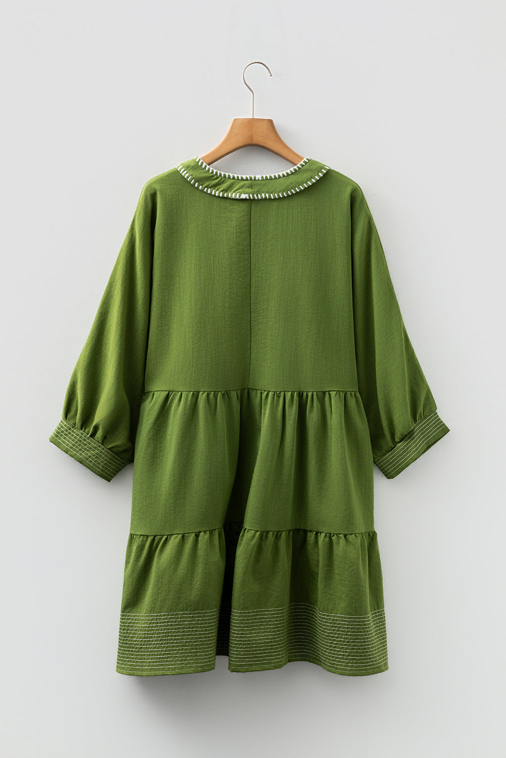 Black Contrast Stitched V Neck 3/4 Sleeve Tiered Mini Dress