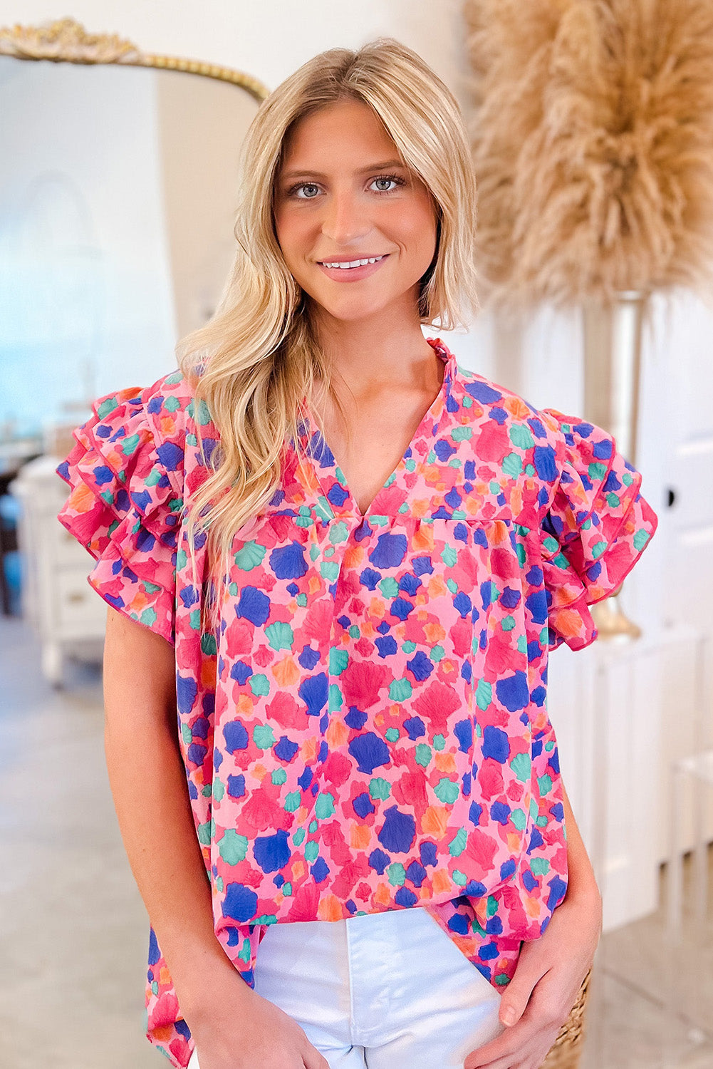 Rose Red Abstract Print Ruffled Sleeve V Neck Blouse