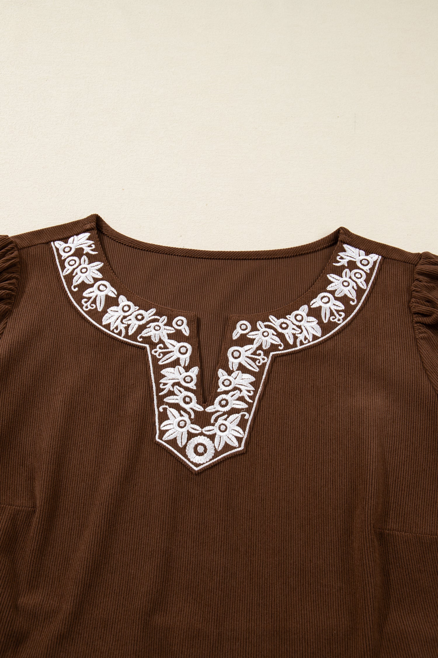 Coffee Embroidered Notched Neckline Textured Pleated High Waist Plus Size Midi Dress