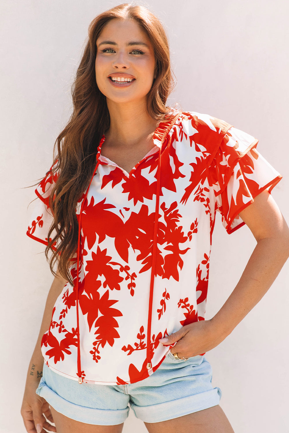Red Floral Print Trimmed V Neck Ruffle Sleeve Long Dress