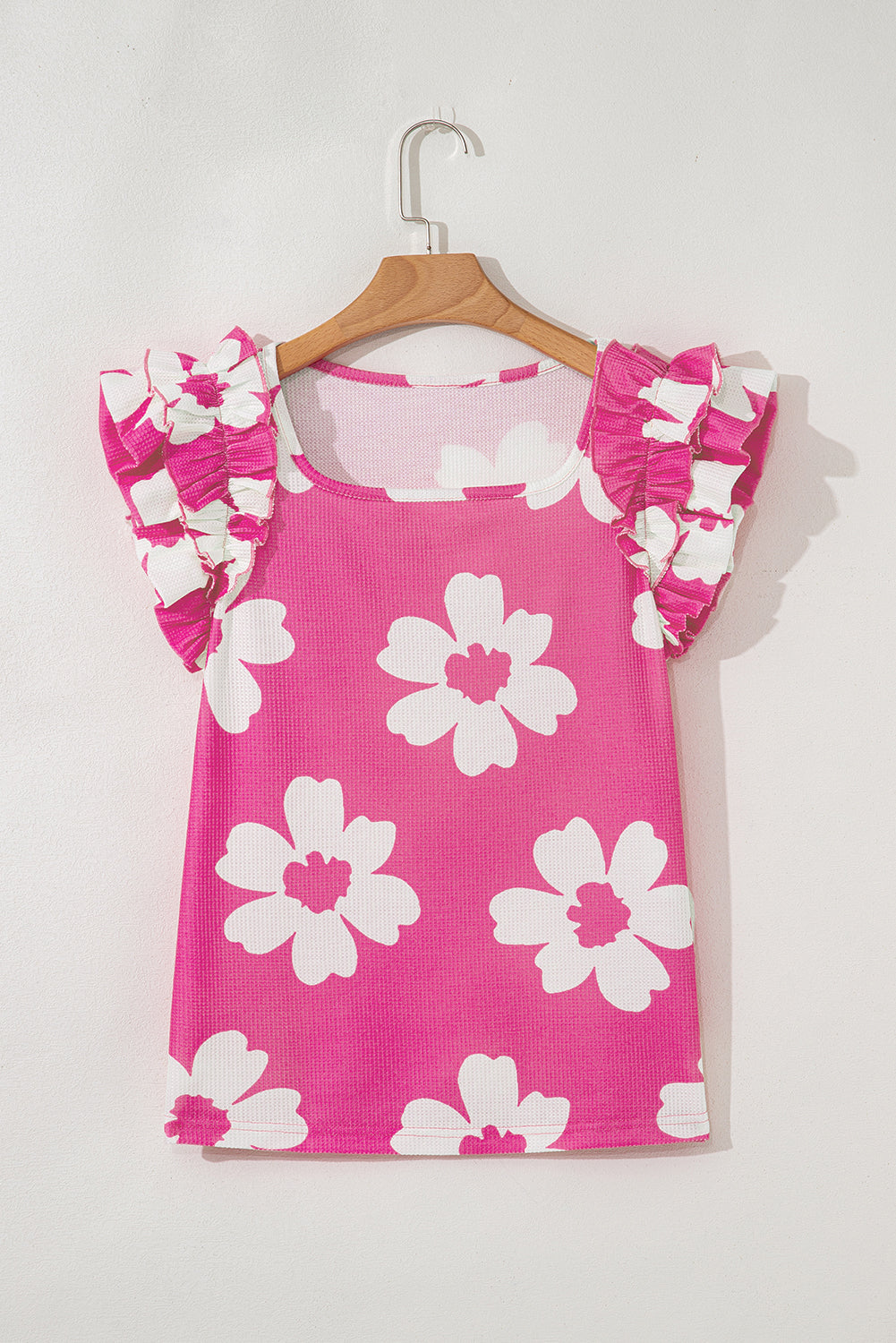 Brown Floral Textured Ruffled Short Sleeve Square Neck Blouse